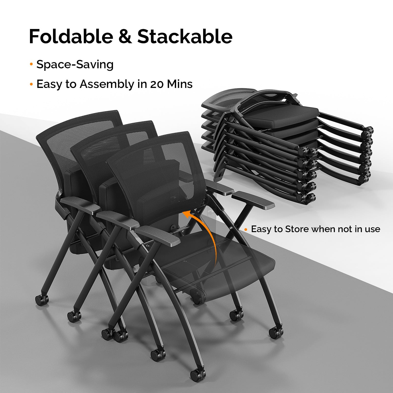 Stackable Rolling Office Chairs with Wheels - Ergonomic Folding Conference Room Chairs for Training, Guest Reception & Events - 350lb Weight Capacity - Perfect for Meetings, Seminars & Office Spaces