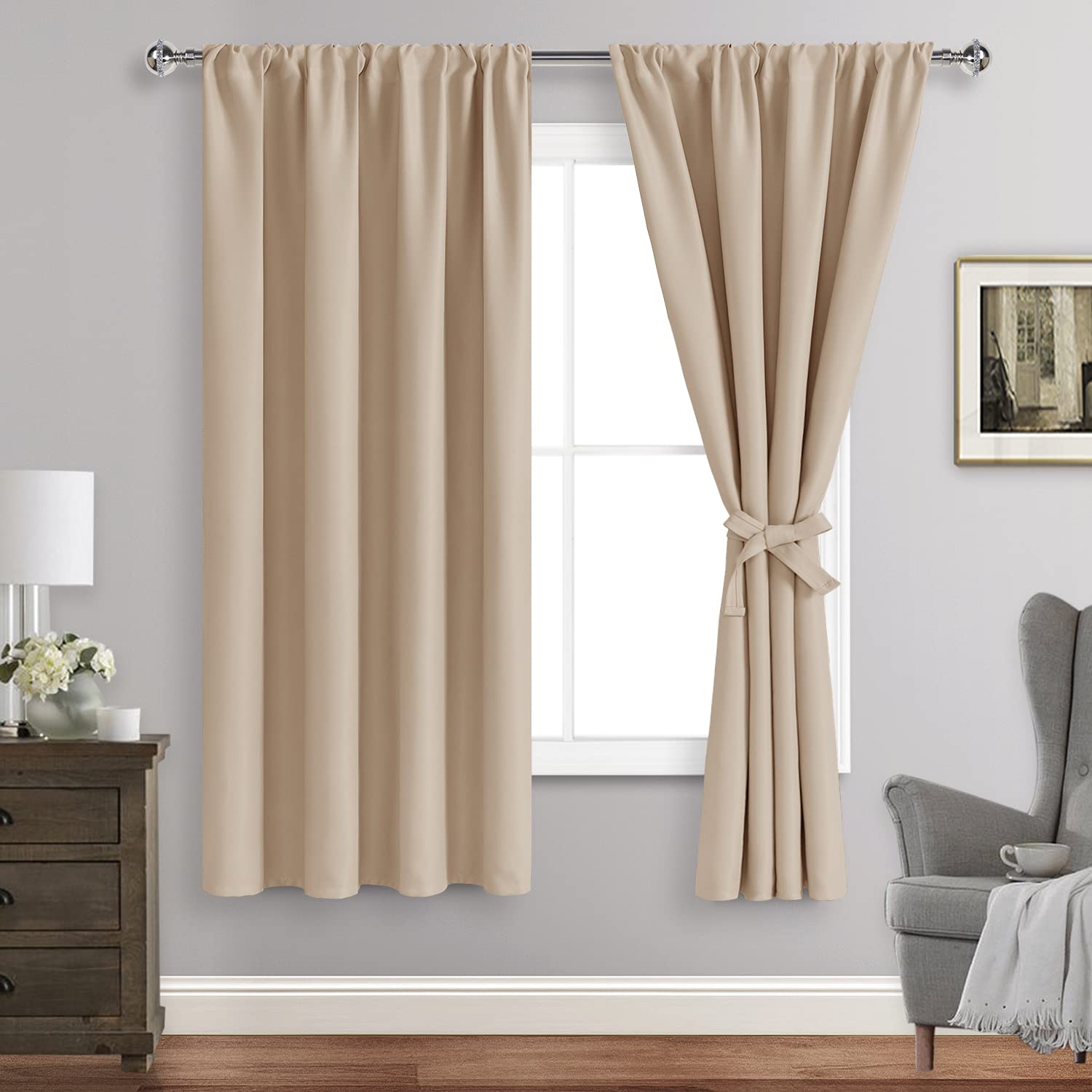 Blackout Curtains for Bedroom & Living Room - Thermal Insulated Room Darkening Rod Pocket Curtains Set of 2 Panels with Tiebacks, 42 x 63 Inch, Beige - Perfect for Home Theater, Nursery & Light Sleepers