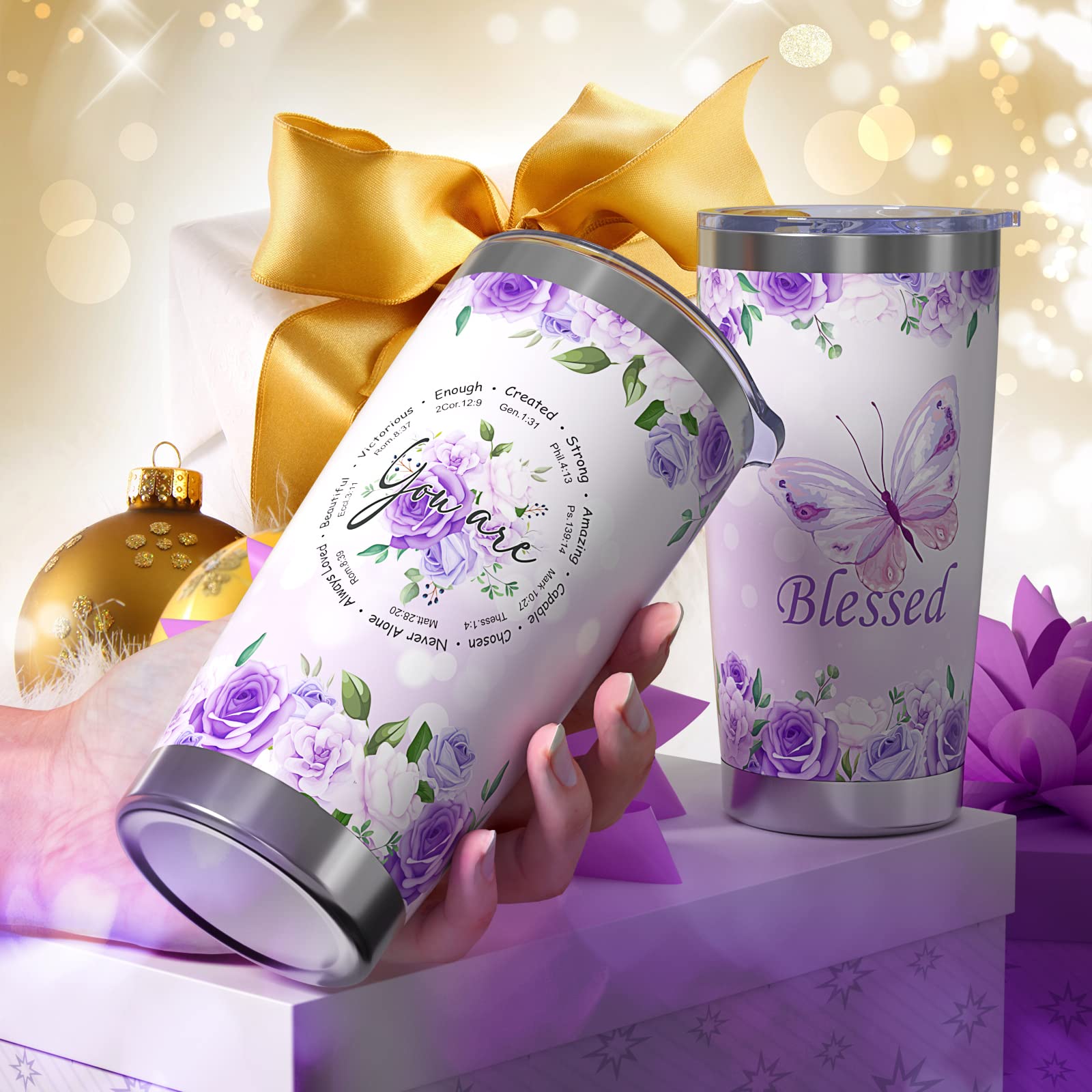 Inspirational Purple Butterfly Christian Tumbler - Religious Gift for Women, Mom, Sister, Best Friend - Birthday, Christmas Present Idea - Perfect for Daily Use, Church, Prayer & Encouragement