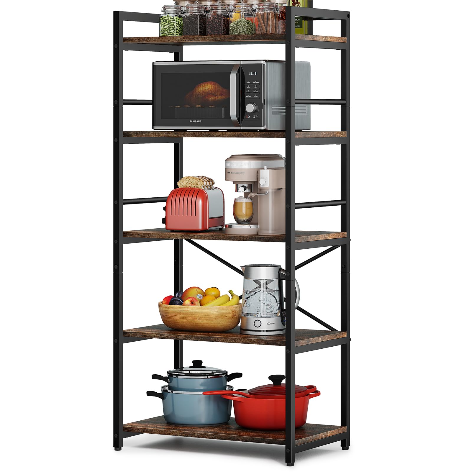5-Tier Metal Bakers Rack for Kitchen Storage - Industrial Microwave Stand, Coffee Bar Organizer, Space-Saving Kitchen Shelf (23.6