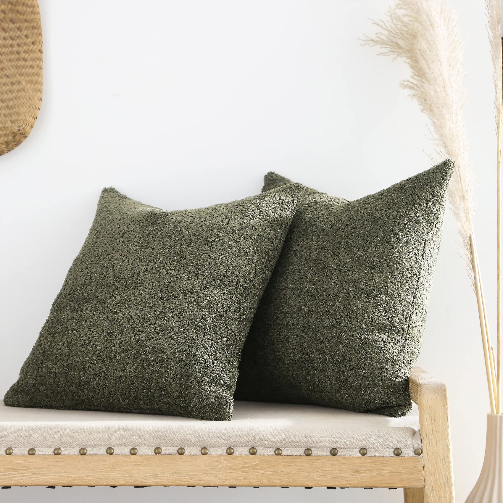 Farmhouse Throw Pillow Covers 20x20 - Set of 2 Rustic Decorative Pillow Cases for Couch, Bed & Living Room - Olive Green Neutral Accent Cushions for Cozy Home Decor & Farmhouse Style Interiors