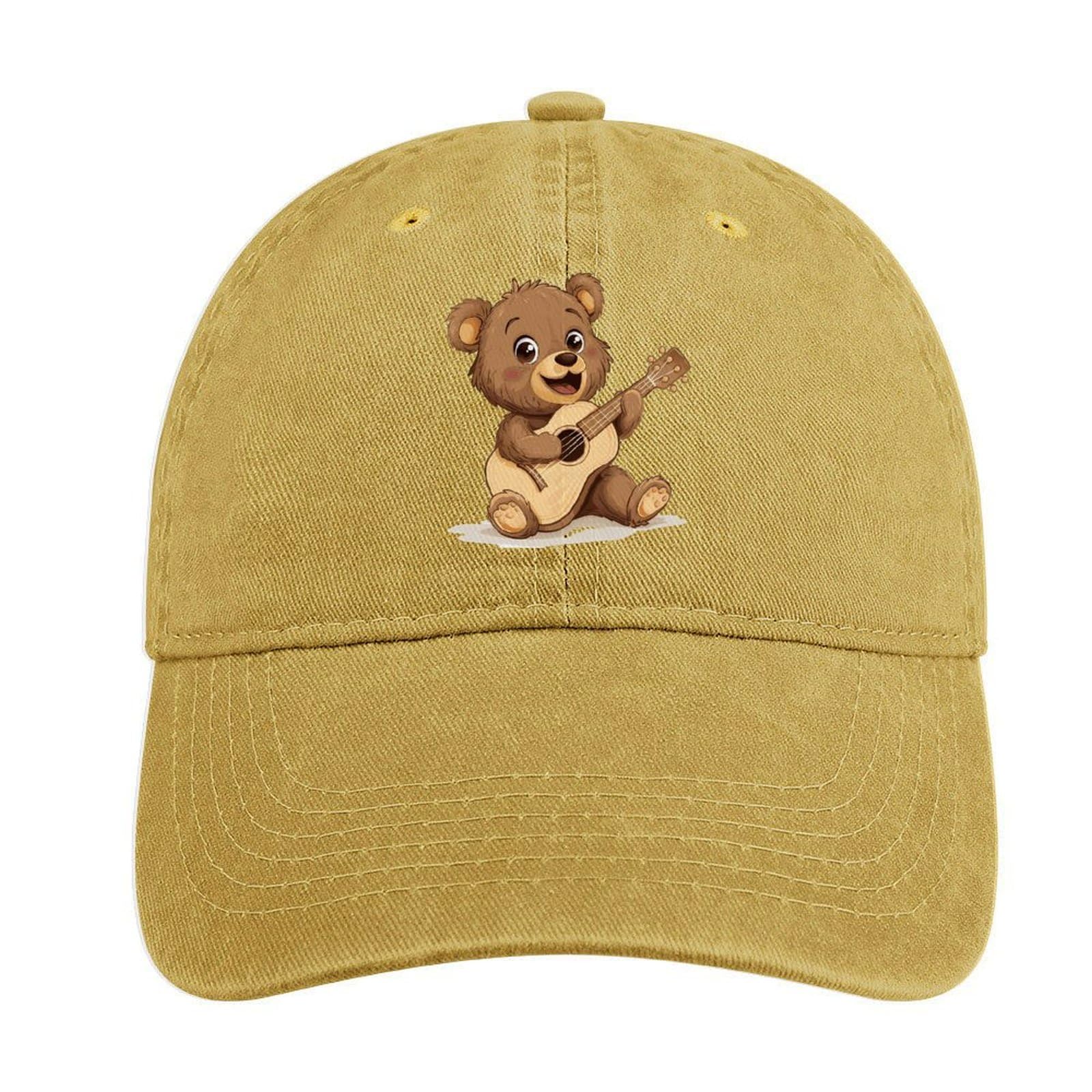 Vintage Denim Trucker Hat with Cute Bear Ukulele Design - Baseball Cap for Men & Women - Perfect for Golf, Gaming, and Casual Wear