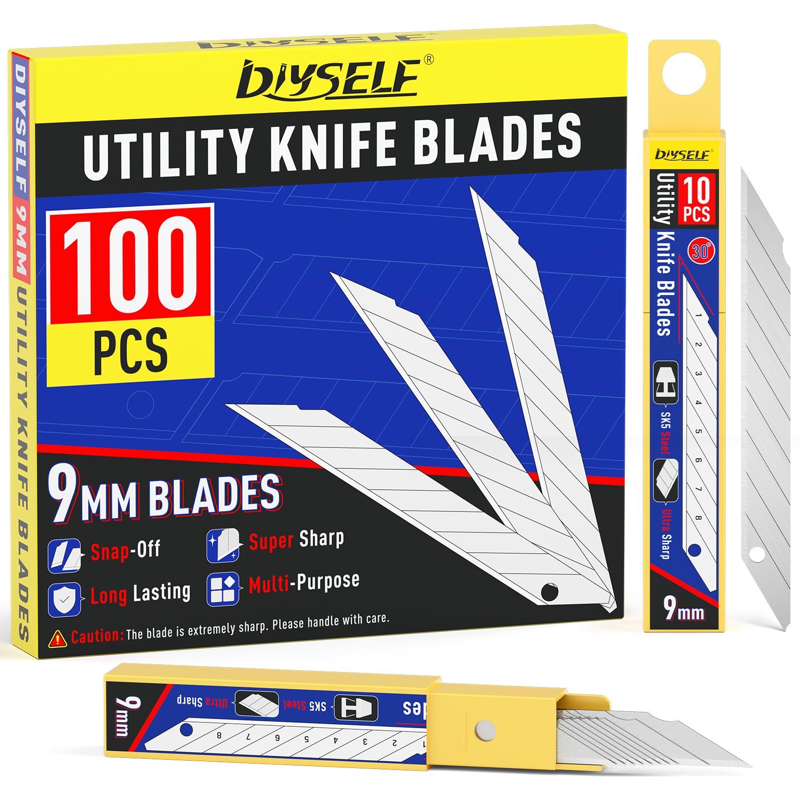 DIYSELF 100-Pack 9mm Utility Knife Blades - High Carbon Steel Snap-Off Box Cutter Blades Refills (30 Degree Angle) for Packaging, Crafting & Office Use