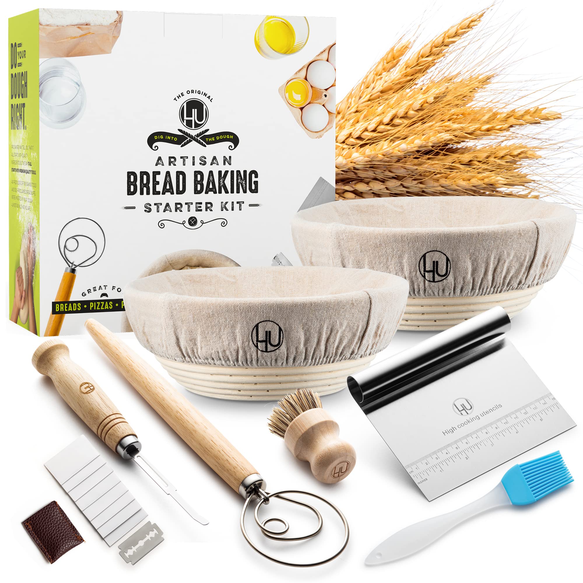 Organic Sourdough Starter Kit - Complete Bread Baking Supplies with Banneton Proofing Basket, Linen Cloth, Dough Whisk, Bread Lame, Scraper & 2 Brushes - Perfect for Artisan Sourdough, Homemade Bread & Baking Enthusiasts - Ideal for Home Bakers, Gifts & Kitchen Essentials