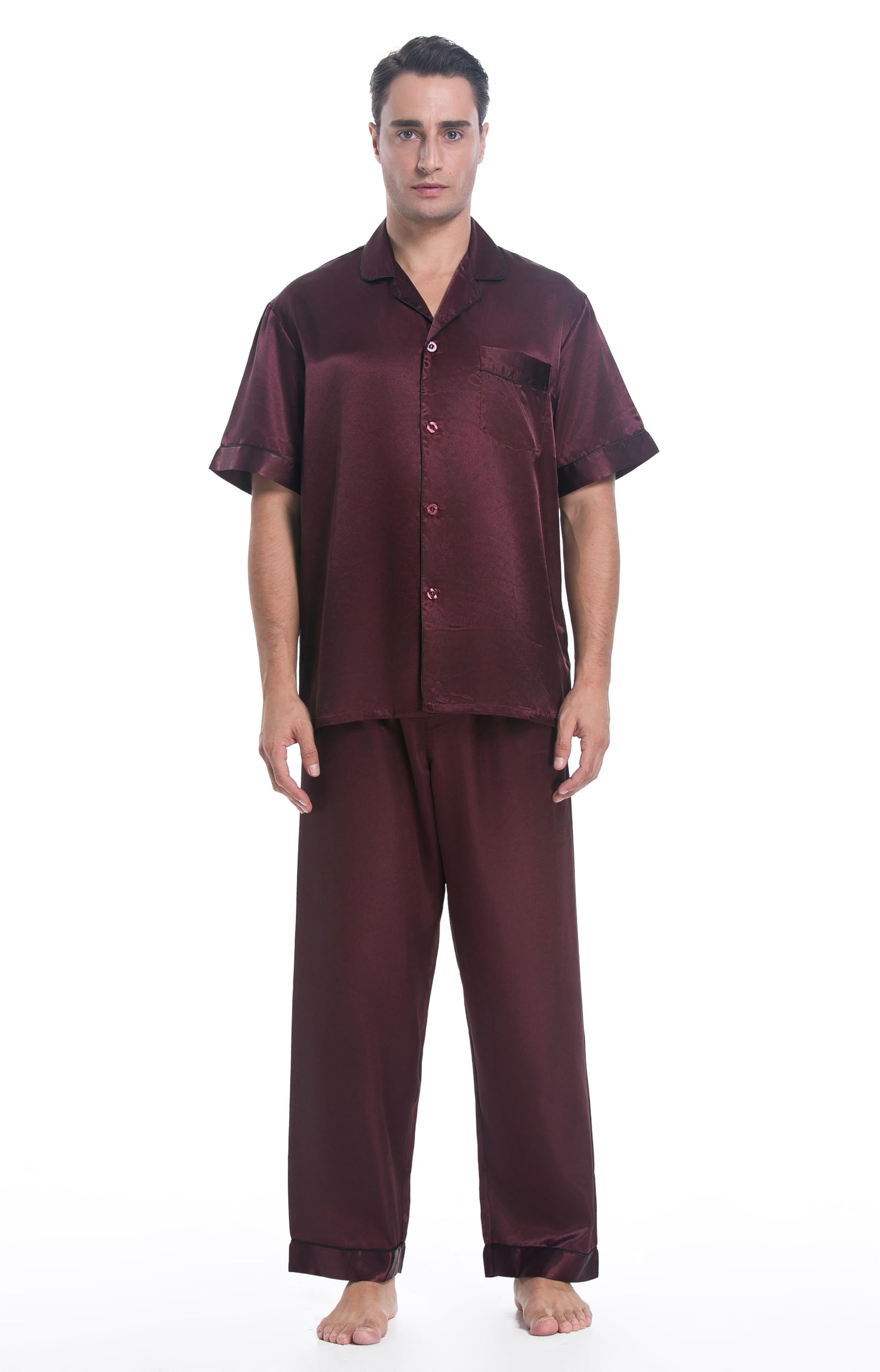 Lavenderi Men's Short Sleeve Silk Satin Pajama Set - Soft & Breathable Sleepwear for Lounge & Relaxation | Perfect for Home, Travel & Gift Giving