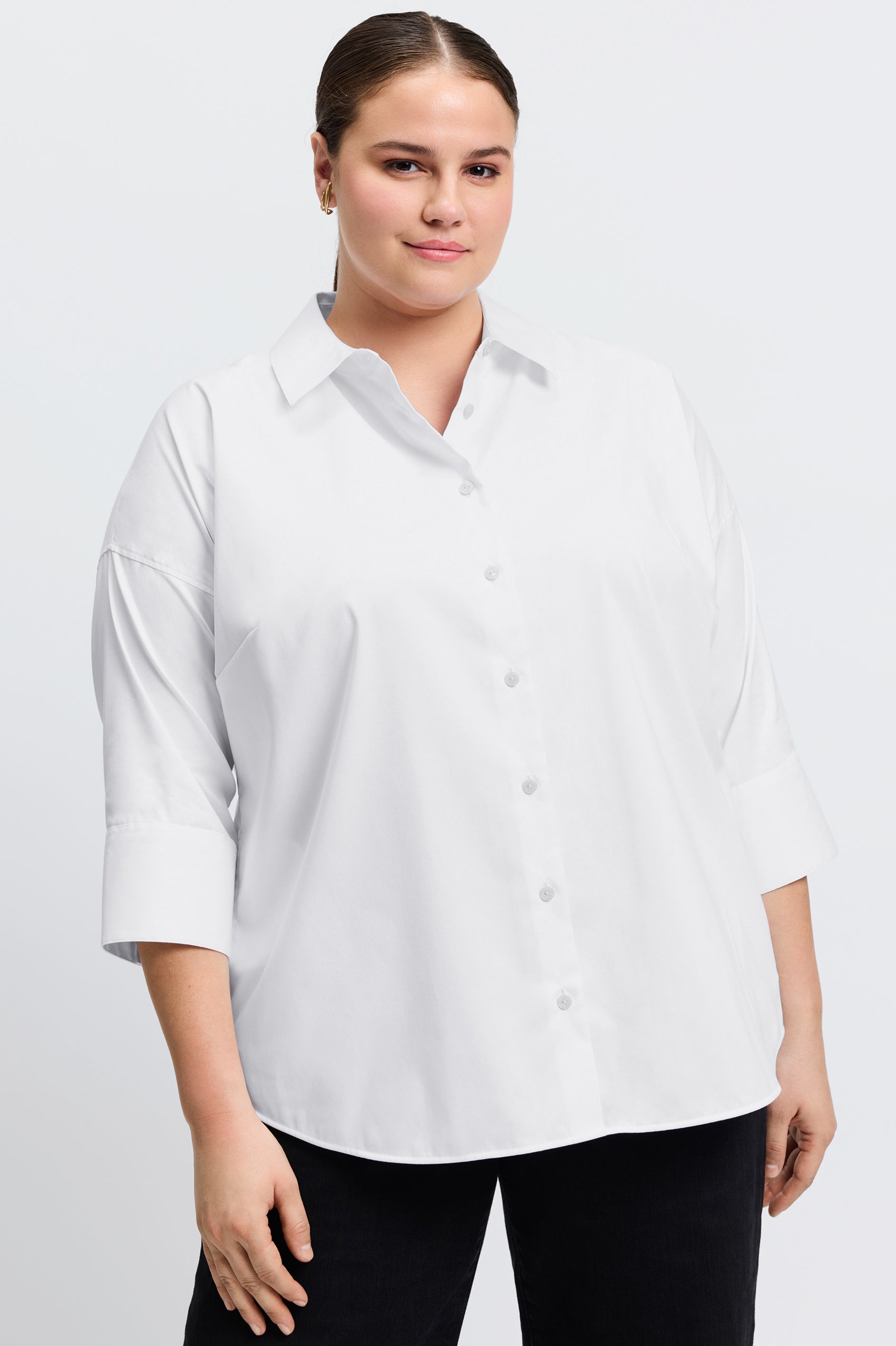 Avery Plus Stretch Matte Sateen No Iron 3/4 Sleeve Shirt for Women - Wrinkle-Free Comfort Fit Blouse for Office, Business & Casual Wear