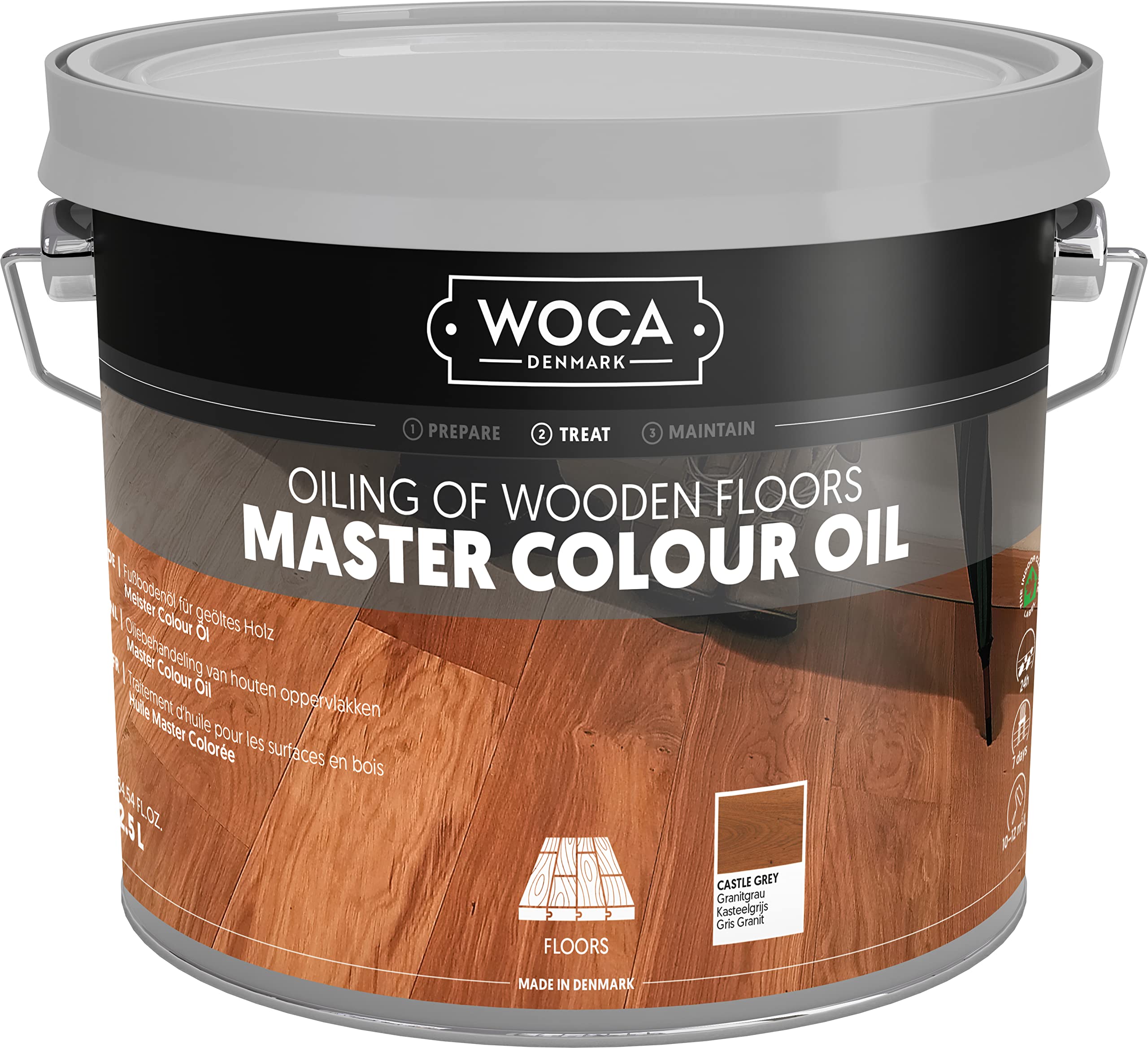 WOCA Denmark Master Color Oil - Plant-Based Wood Stain & Finish for Furniture, Floors, Trim & Cabinets - 2.5L Castle Grey - Eco-Friendly Wood Protection for Indoor & Outdoor Use