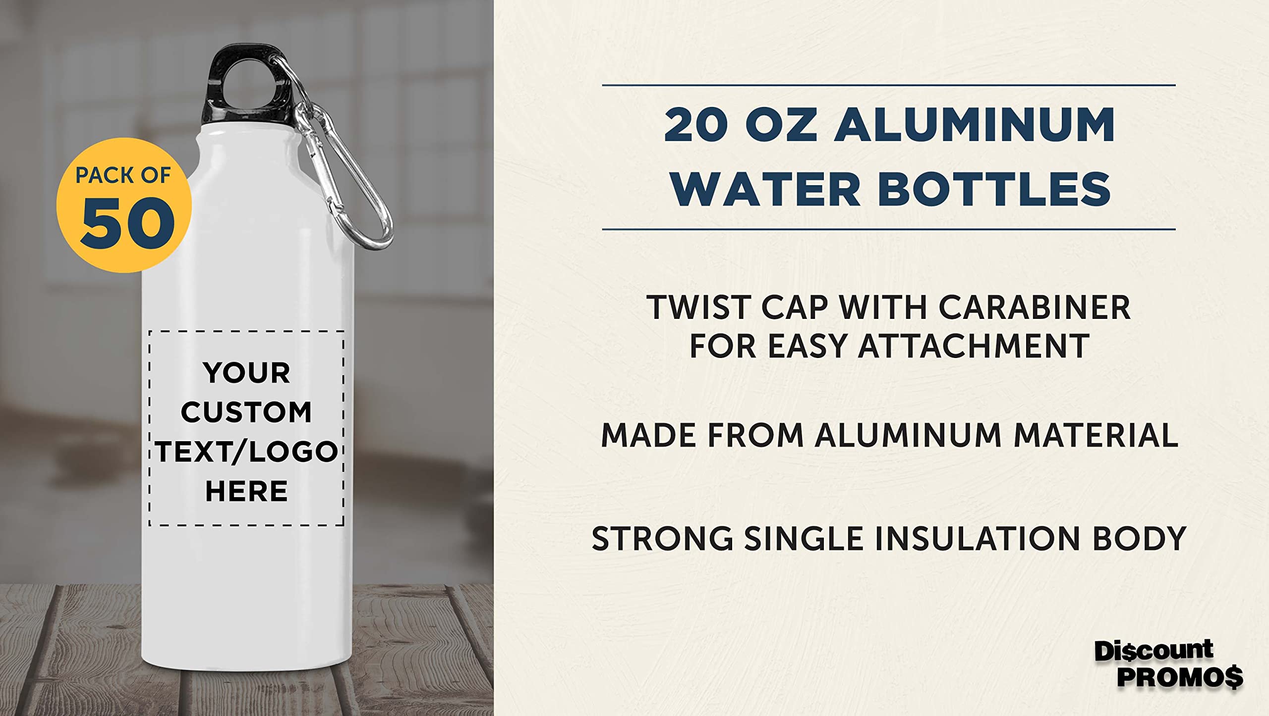 Custom 20oz Aluminum Water Bottles Bulk Pack (Set of 50) - Personalized Gym & Hiking Bottles - Eco-Friendly Reusable Drinkware for Sports, Office, Camping & Outdoor Activities - White