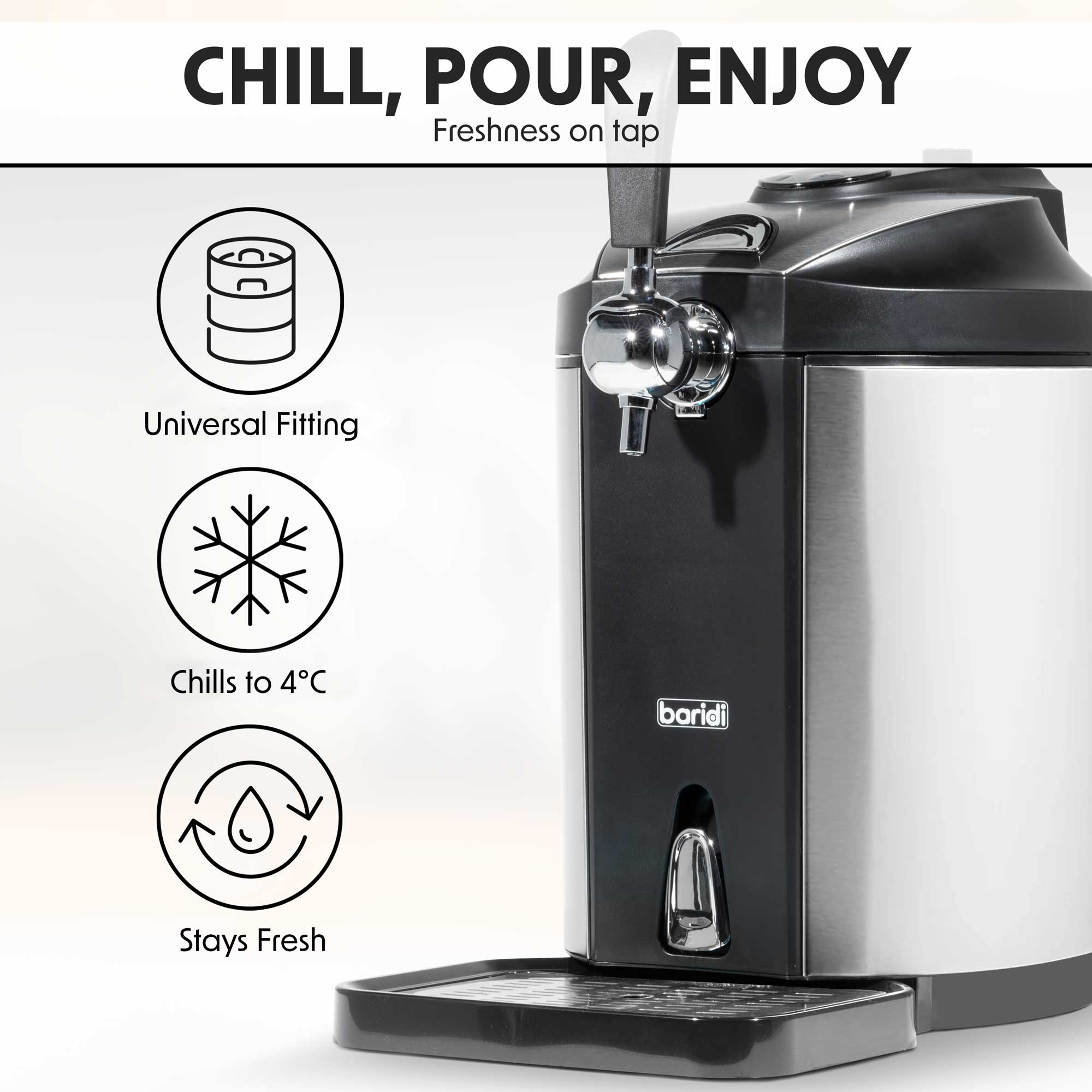 Baridi 5L Beer Keg Dispenser Tap with Built-in Cooling System - Portable Draft Beer Dispenser for Home Parties, Camping & Outdoor Events