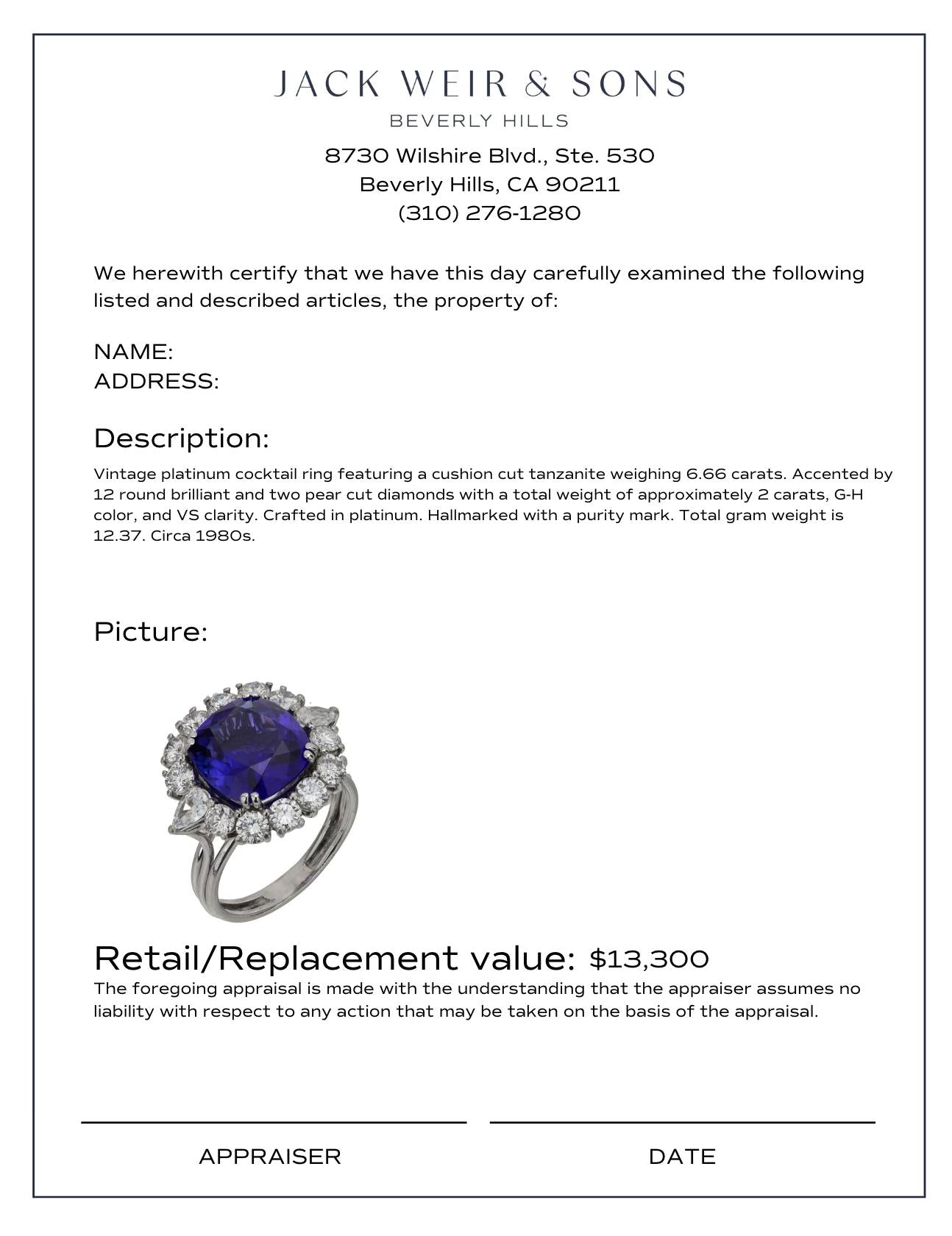 Vintage 6.66 Carat Tanzanite Diamond Platinum Cocktail Ring for Women - Elegant Evening Party, Wedding, Anniversary & Special Occasion Jewelry Gift