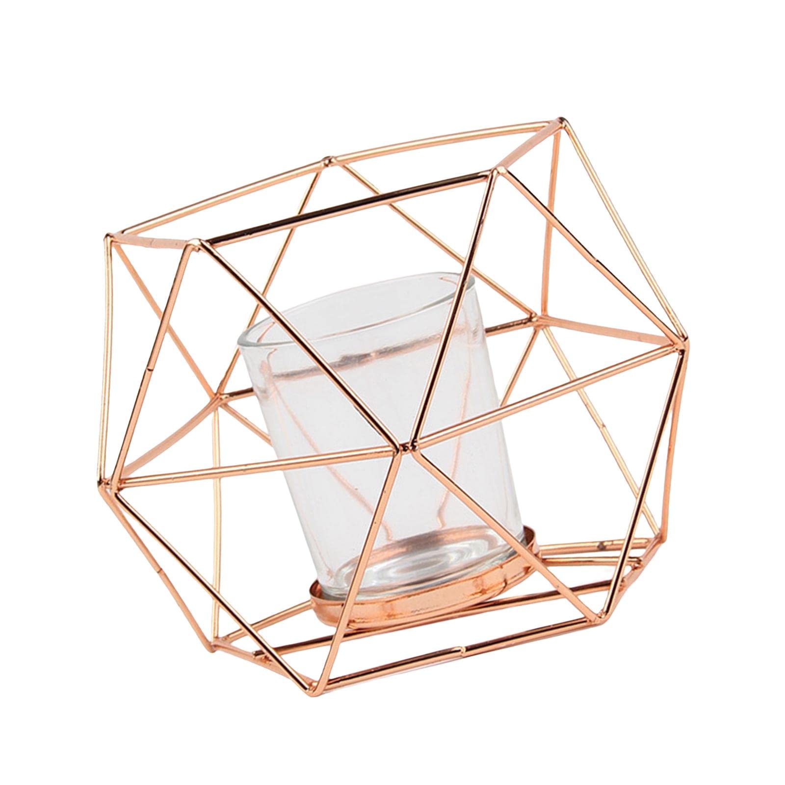 Colcolo Geometric Tealight Candle Holder - Rose Gold Clear Glass Centerpiece for Pillar Candles, Modern Home Decor for Dining Table, Wedding, Party & Romantic Ambiance