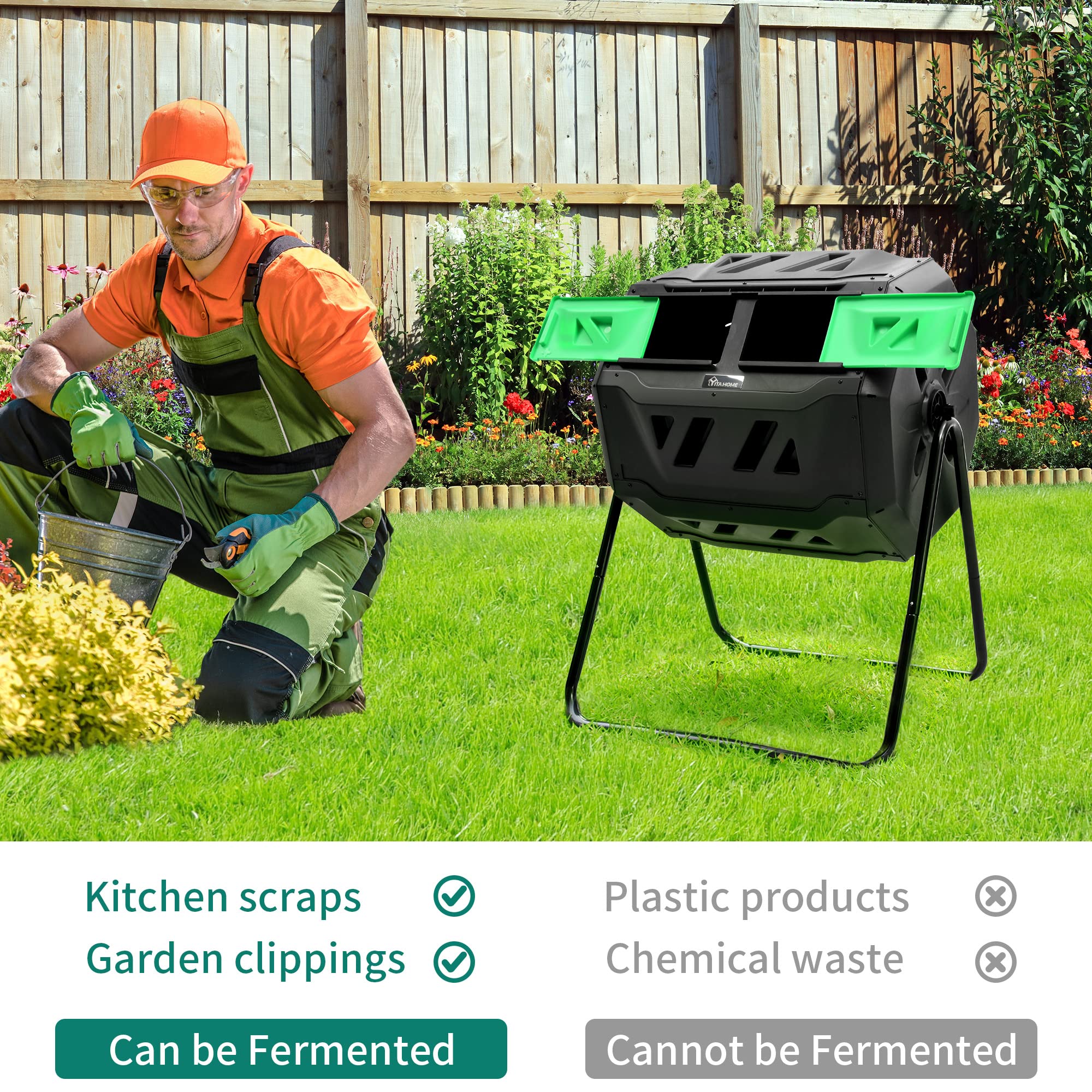 YITAHOME 43 Gallon Large Outdoor Dual Bin Compost Tumbler - 2x21.5 Gallon Rotating Composter with Sliding Doors & Aeration System, BPA Free Garden Compost Bin for Organic Waste Recycling (Green) - Perfect for Backyard Gardening, Sustainable Composting & Eco-Friendly Waste Management