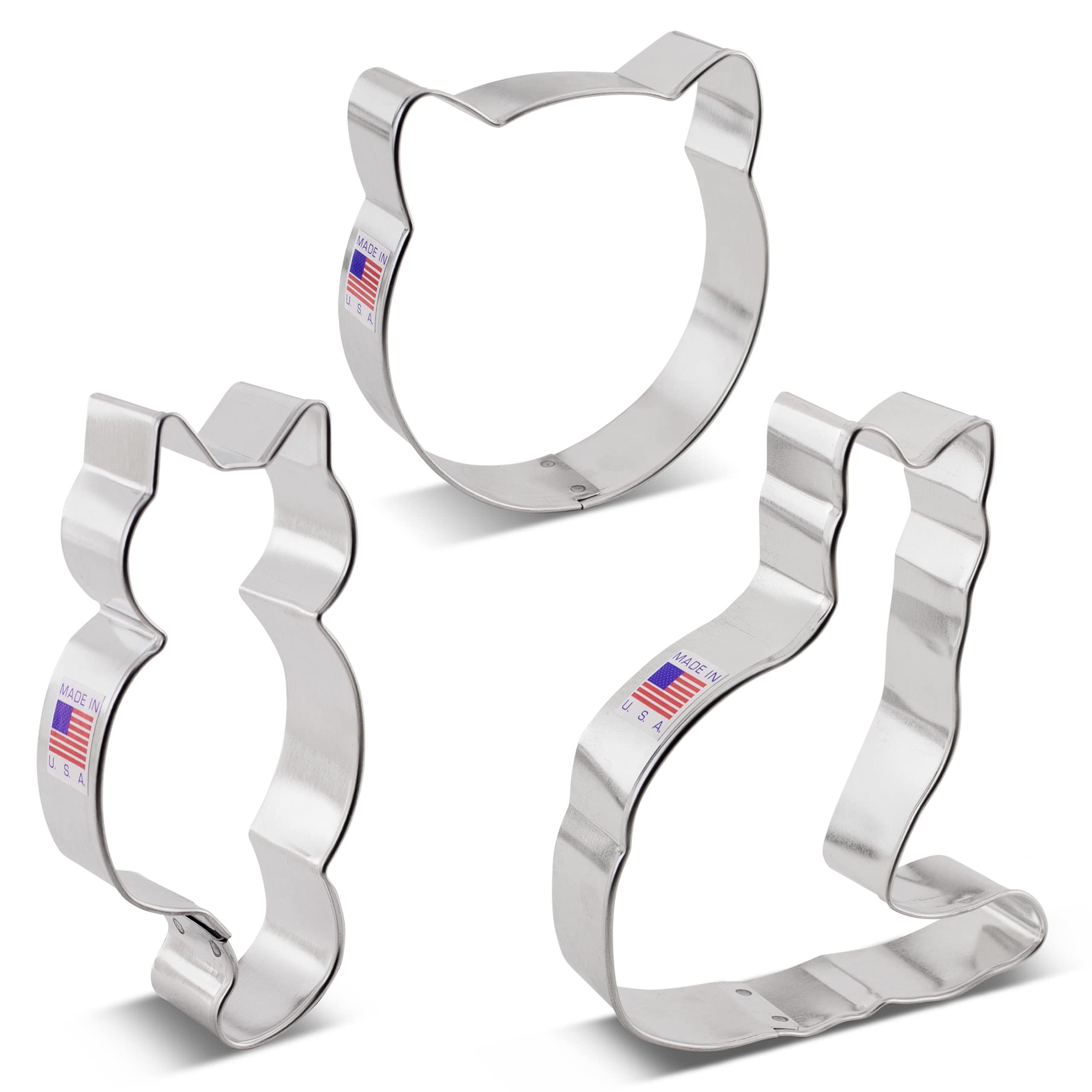 Ann Clark 3-Piece Cat Cookie Cutter Set - Cat Face, Sitting Cat & Curled Cat Shapes | USA Made Stainless Steel Baking Tools for Cat-Themed Cookies, Cupcakes & Holiday Treats