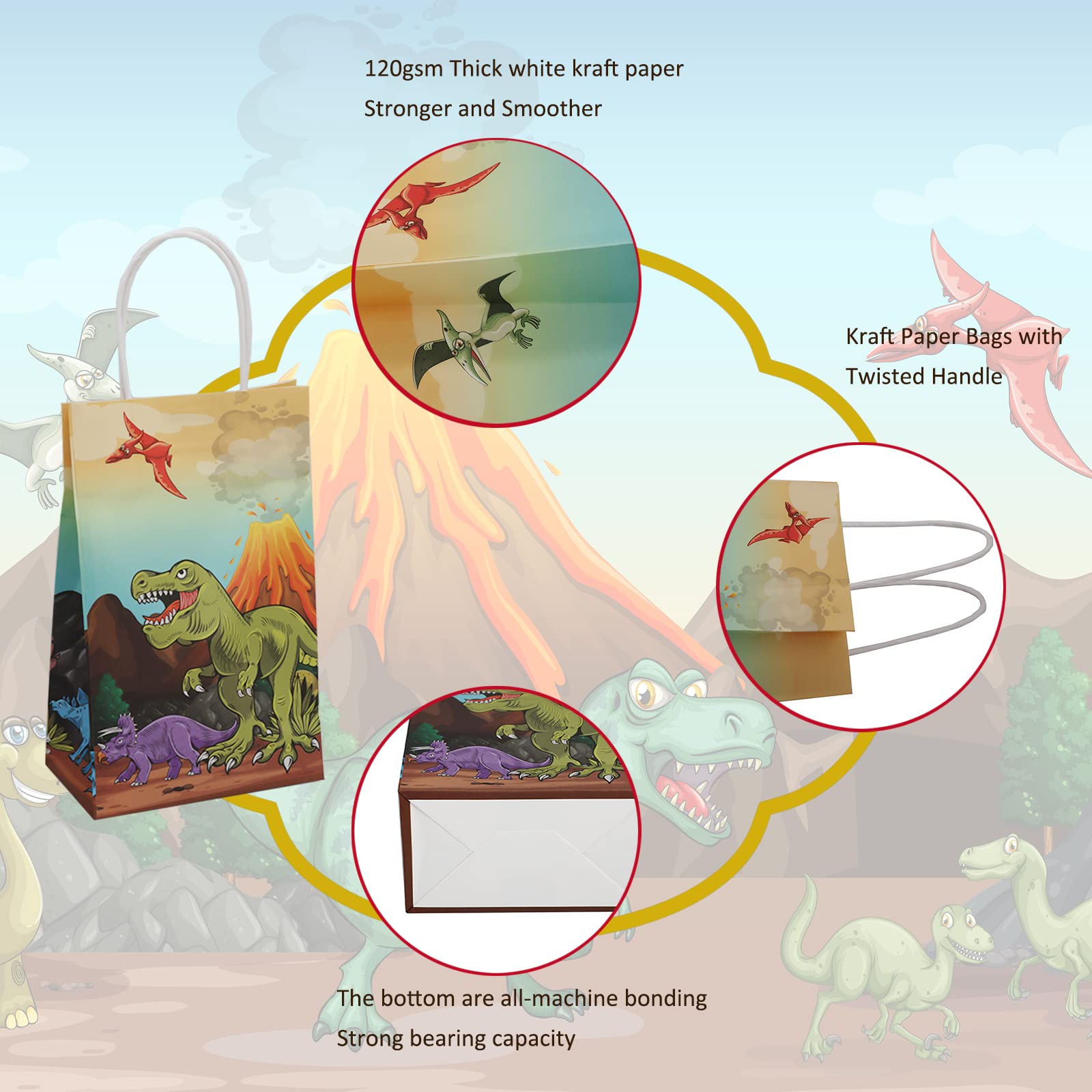Dinosaur Party Favor Bags with Handle - 30pcs Small Dinosaur Themed Gift Bags for Birthday Parties, Baby Showers & Holiday Events | Bulk 9x5.5x3.3 Inch Goodie Bags for Candy, Donuts & Party Favors | Perfect for Kids Birthday Decorations & Dinosaur Theme Events