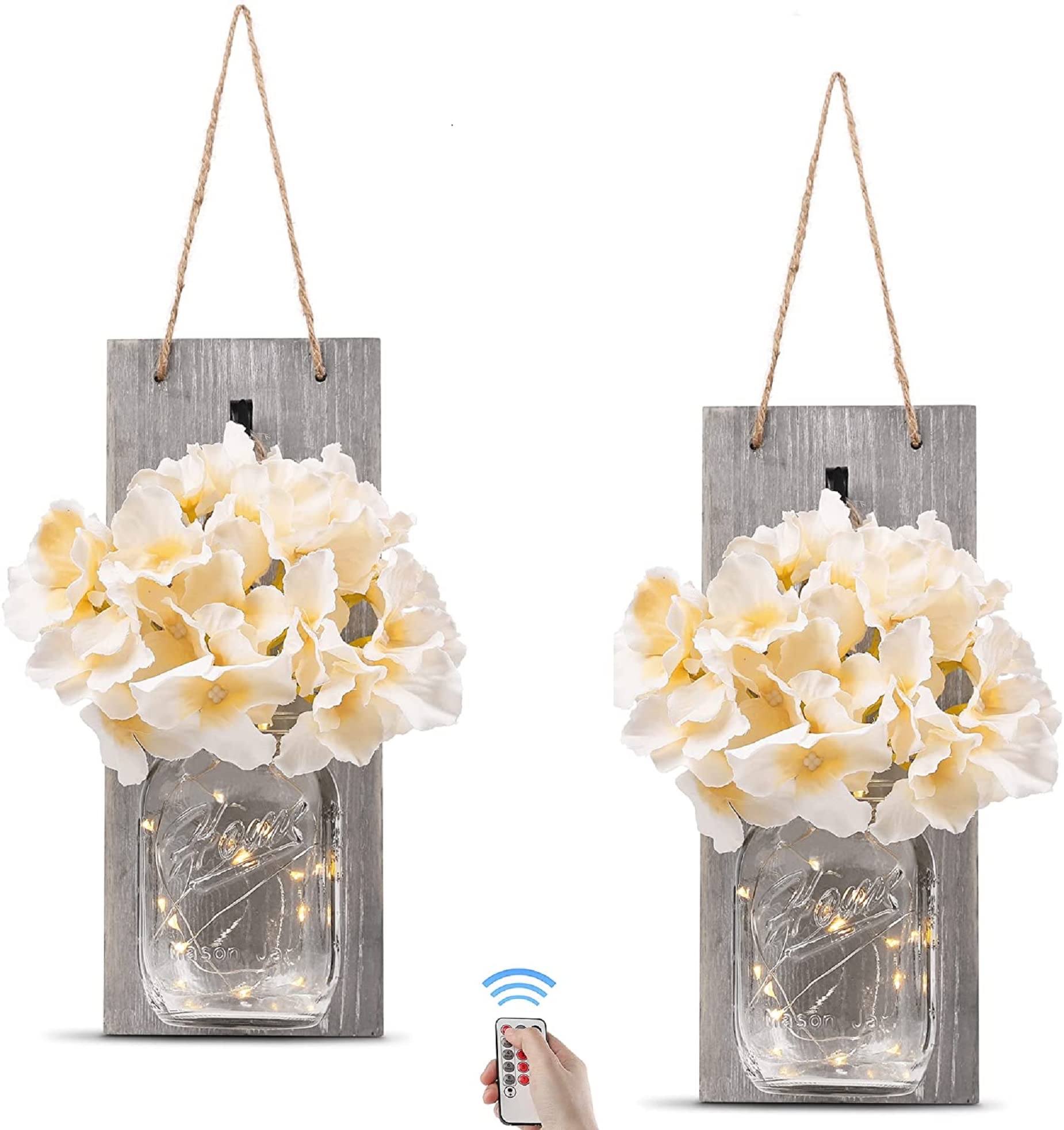 Rustic Remote Mason Jar Candle Sconce Set of 2 - Vintage Grey Farmhouse Wall Decor with LED Fairy Lights for Kitchen, Bathroom, Bedroom - Perfect for Cozy Evenings, Romantic Ambiance & Farmhouse Style Home Decor