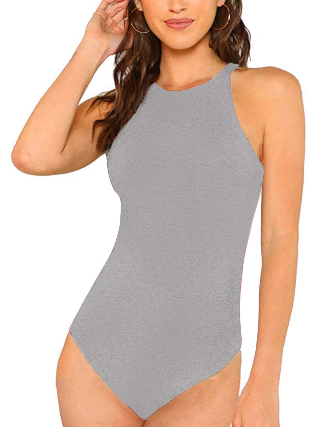Milumia Women's Skinny Halter Bodysuit - Mid Waist Solid Fitted Tank Shapewear Romper Top for Workout, Clubwear & Layering