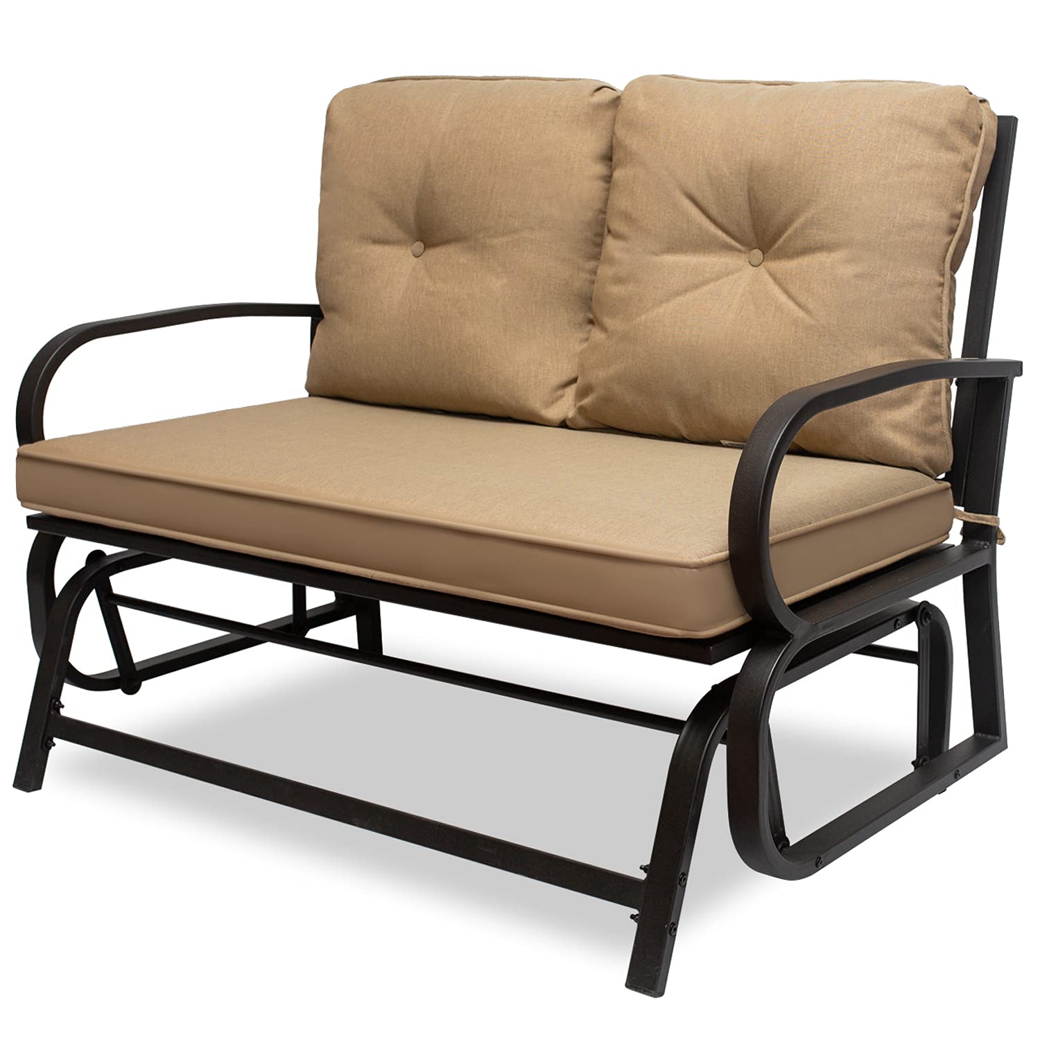 2-Person Outdoor Swing Glider Rocking Chair Set with Cushions - Steel Frame Patio Loveseat Bench for Garden, Porch, Backyard, Poolside & Lawn - Perfect for Relaxing, Sunbathing & Outdoor Entertaining (Khaki)