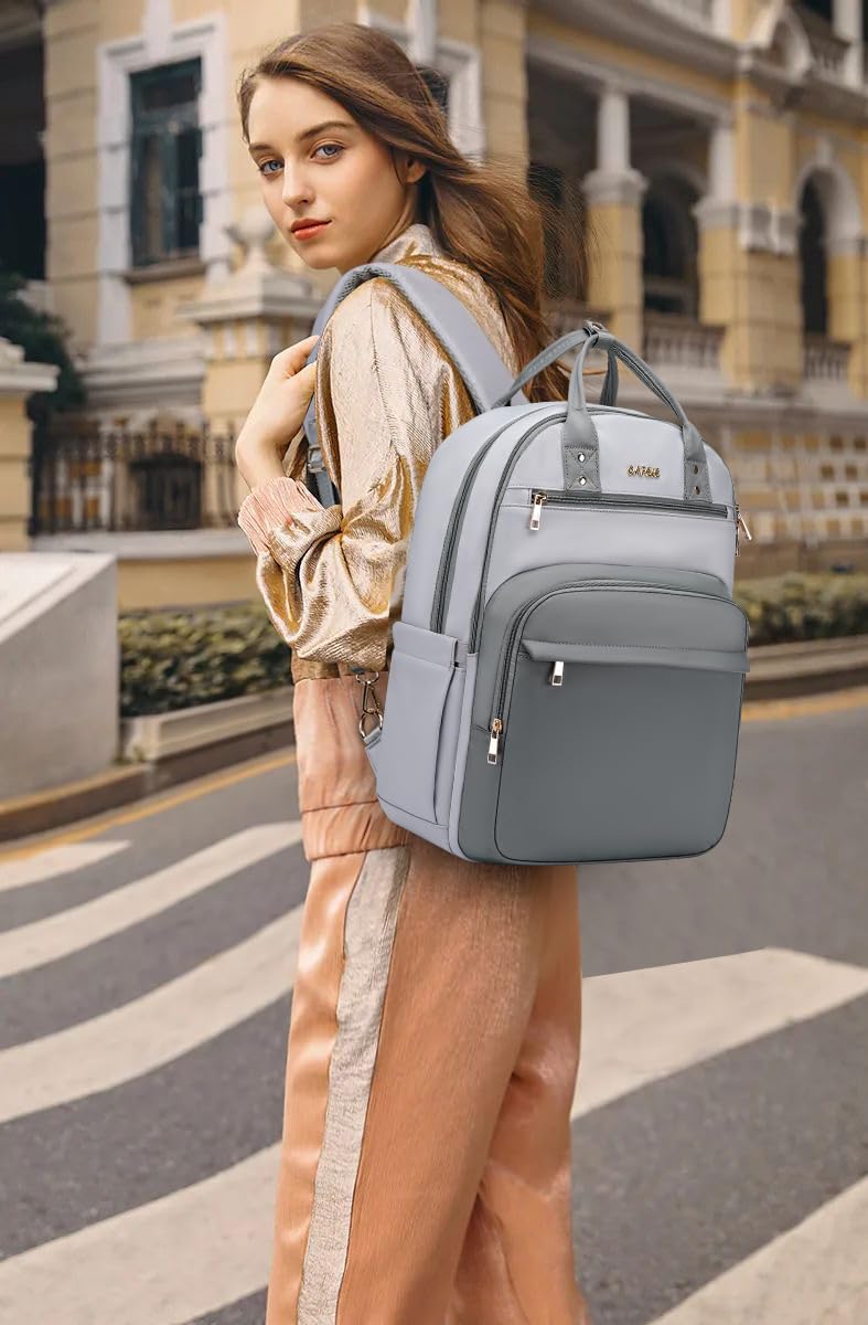 Stylish 17.3 Inch Waterproof Anti-Theft Laptop Backpack for Women - USB Charging Port, Grey-White - Perfect for Work, Travel, Nursing & Teaching Professionals