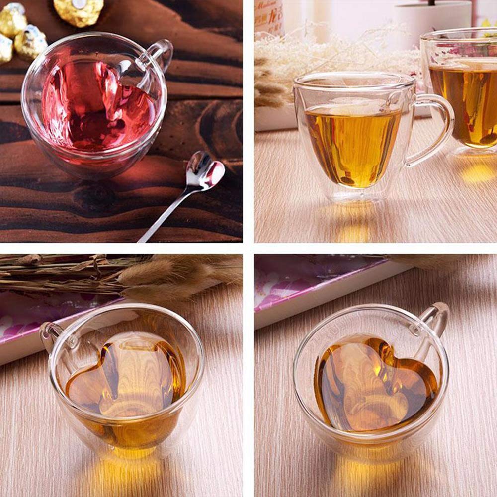 2 Pcs Heart Shaped Double Wall Glass Coffee Mugs - Insulated Tea Cups for Milk, Lemon Juice & Hot Drinks - Romantic Drinkware for Couples, Home, Parties & Gifts