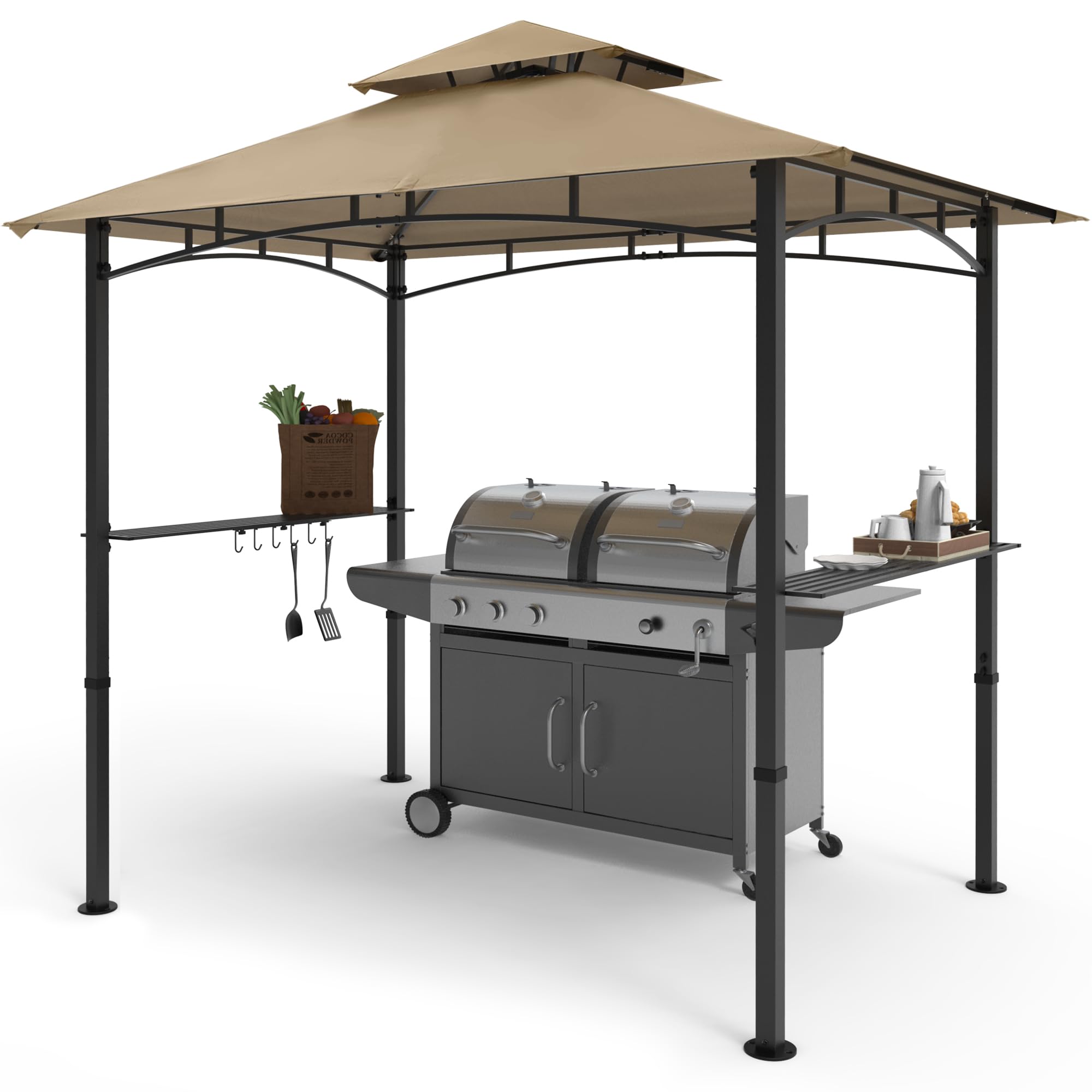 COOSHADE 8'x5' Outdoor BBQ Grill Gazebo with LED Lights - Double Tiered Canopy for Patio, Backyard & Camping (Khaki) | Perfect for Summer Cookouts, Garden Parties & Outdoor Dining