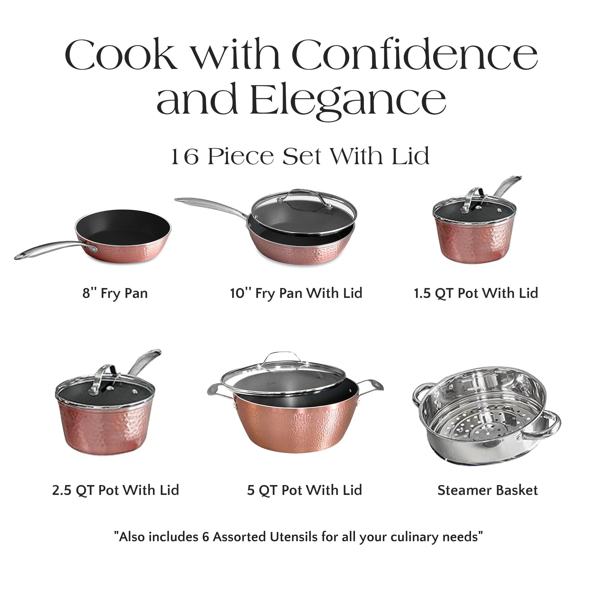 Luxury Non-Stick Ceramic 16-Piece Rose Gold Cookware Set with Glass Lids - Lightweight, Scratch-Resistant, Dishwasher & Oven Safe (500°F) - Compatible with All Stovetops - Perfect for Everyday Cooking, Baking & Entertaining