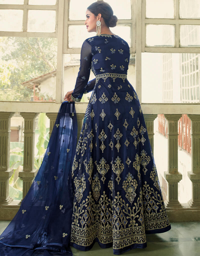 Elegant Blue Anarkali Style Gown Semi-Stitched Suits for Women - Perfect for Weddings, Parties & Festive Occasions