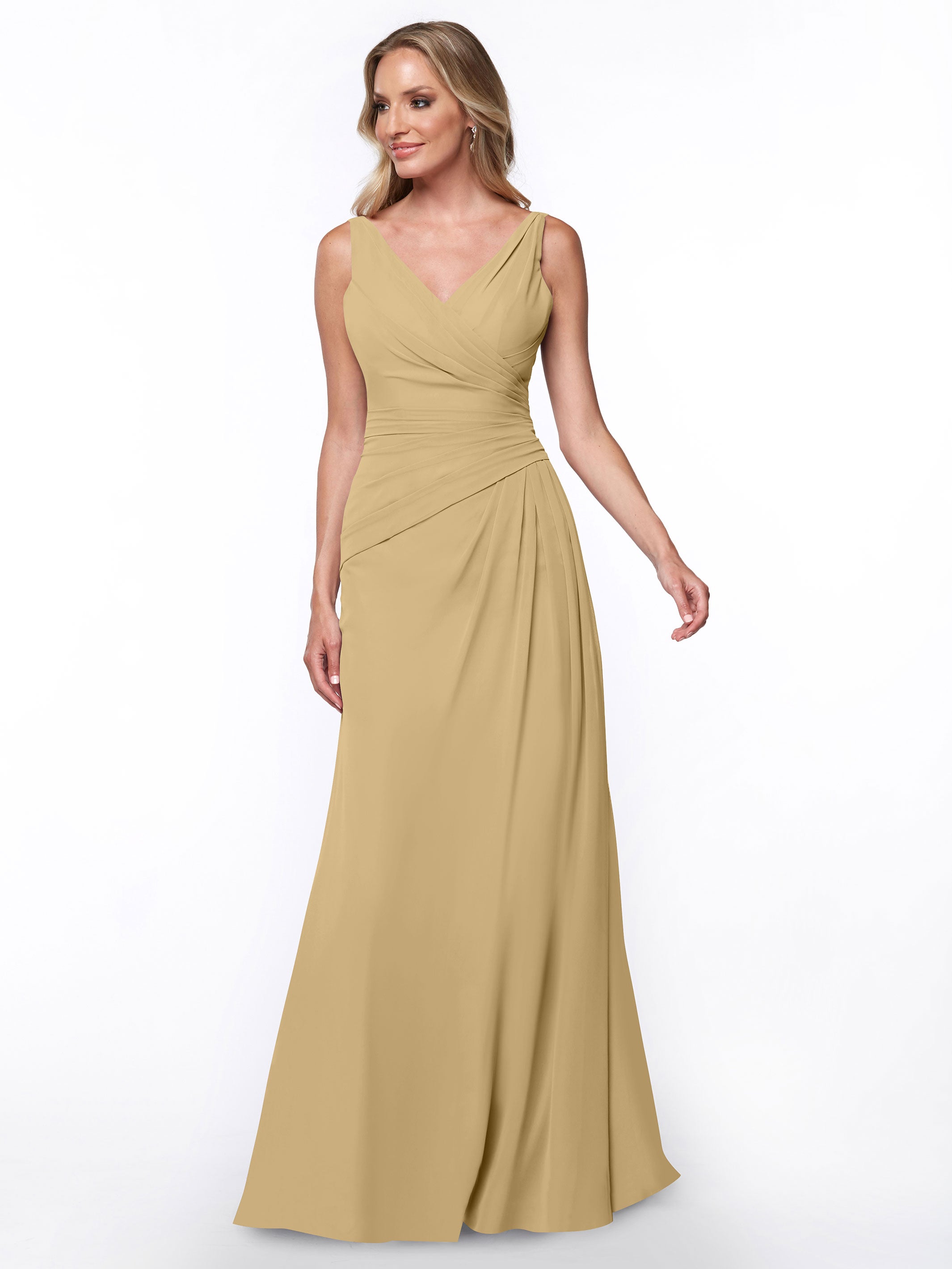 Elegant 80030 Chiffon Sheath Bridesmaid Dress with Ruching V-Neck Bodice - Perfect for Weddings, Formal Events & Special Occasions