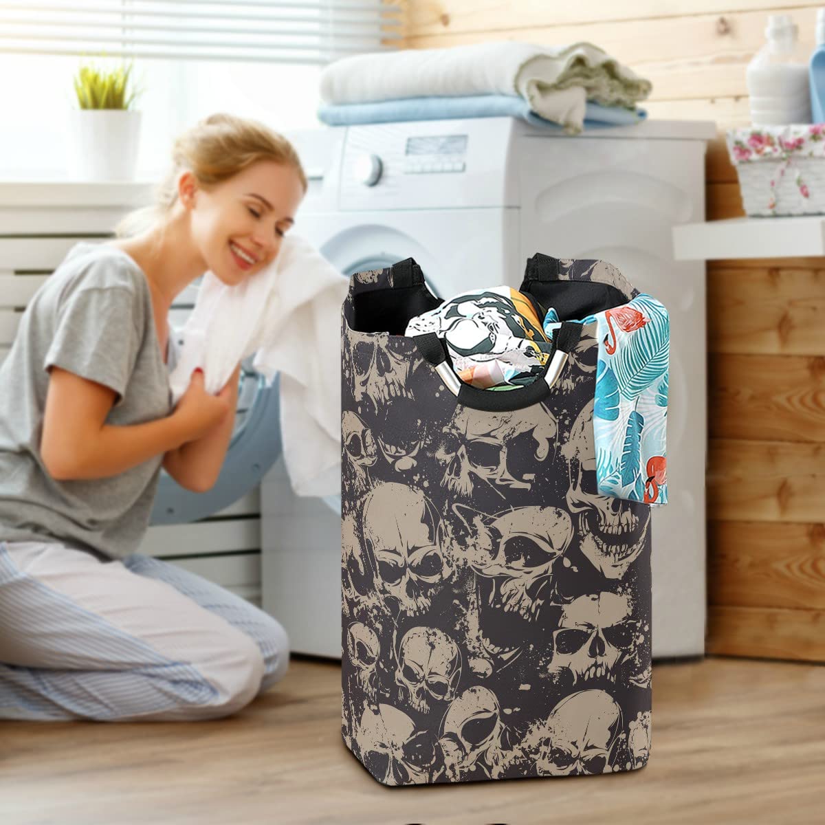 Foldable Collapsible Laundry Hamper Bag with Handles - Grunge Skull Design for Laundry Room, Bathroom Storage & Organization - Perfect for College Dorms, Camping & Travel