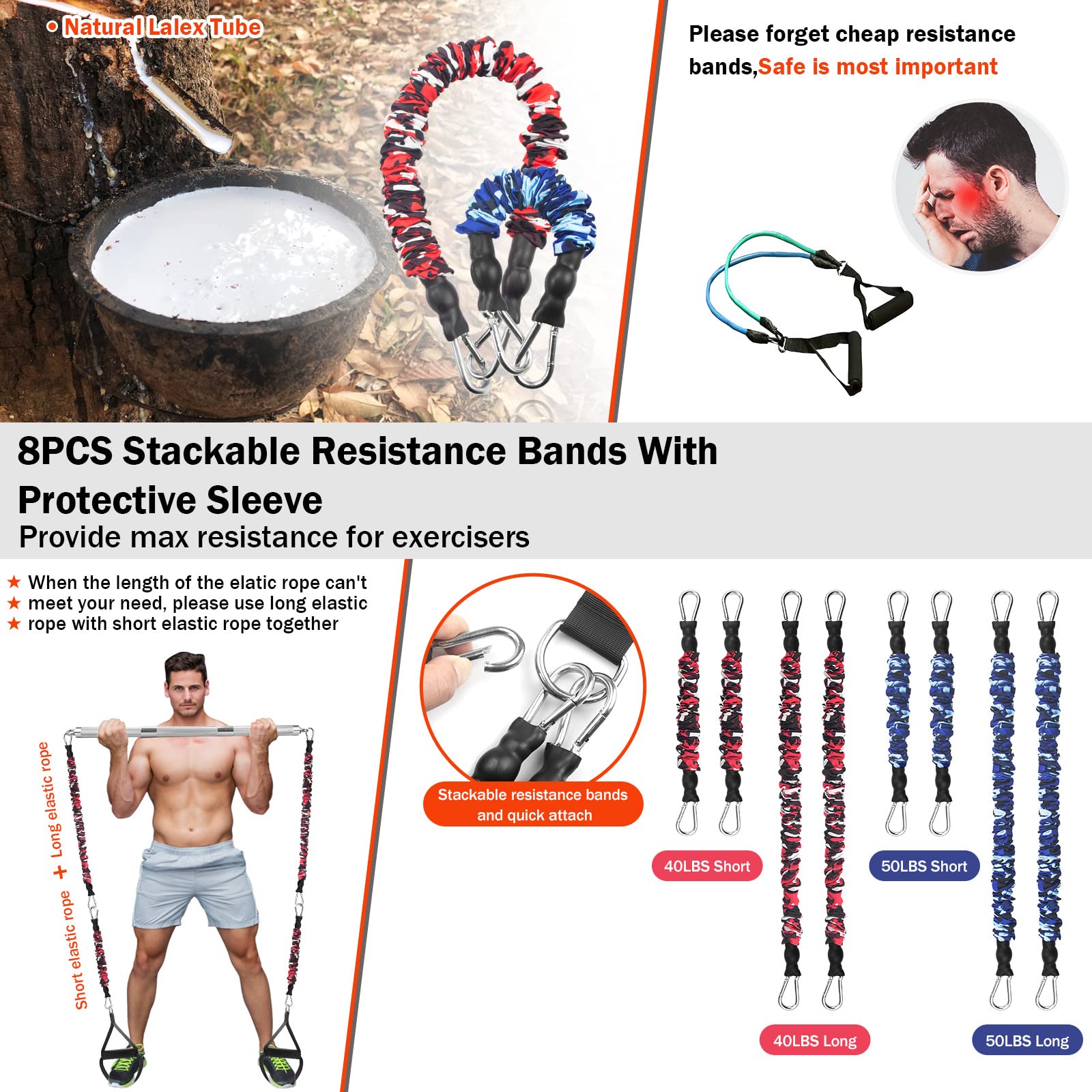 DASKING Portable Home Gym Resistance Band Set - 8 Anti-Break Stackable Bands, Detachable 500LBS 2-in-1 Pilates Bar for Full Body Workout | Strength Training, Yoga, Pilates & Home Fitness Equipment