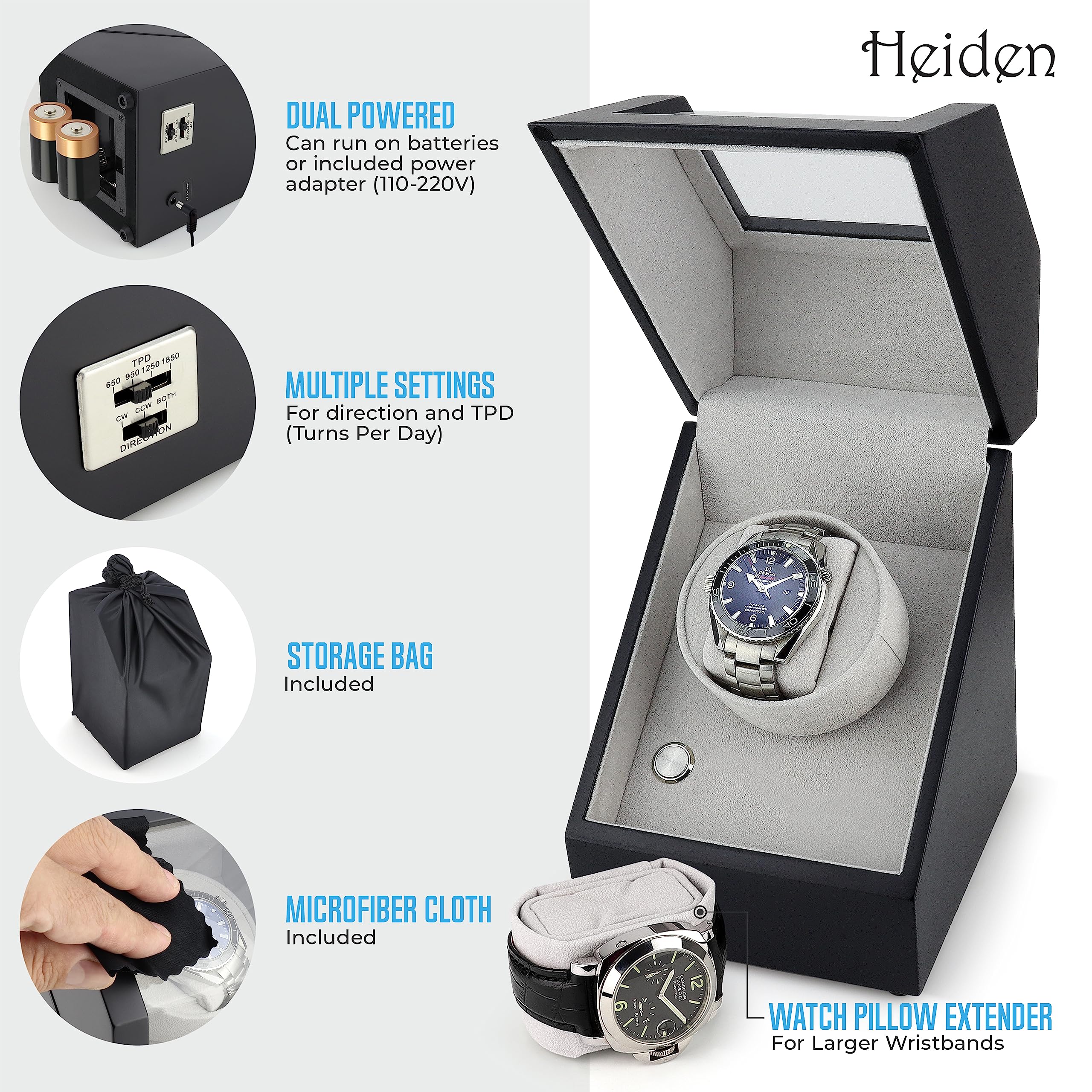 Premium Automatic Watch Winder for Rolex & Luxury Watches - Japanese Quiet Motor with 12 Settings - Battery & AC Power Options - Anti-Magnetic Protection - Perfect for Travel, Display & Night Storage