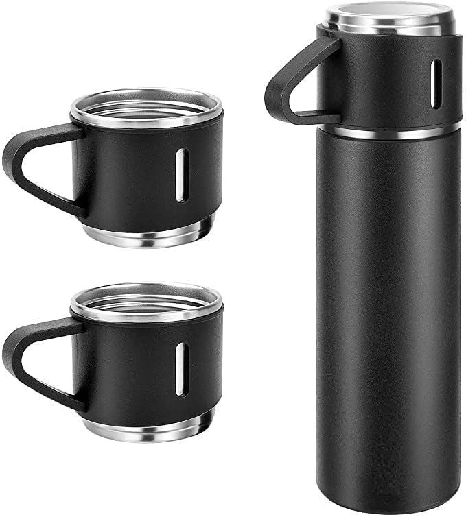 D-Dayons 2 Cup Stainless Steel Vacuum Flask - 500ml Insulated Thermos for Hot & Cold Beverages (Black) - Perfect for Camping, Office & Travel