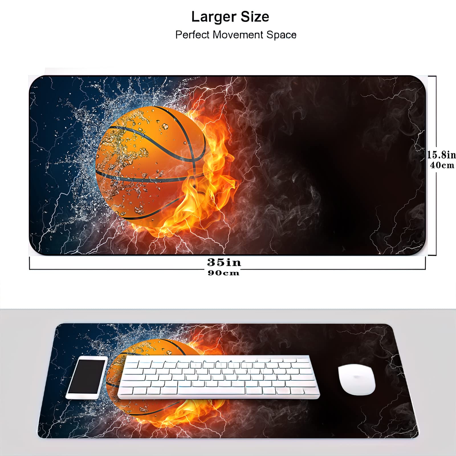 XXL Gaming Mouse Pad 35''×15.7'' - Basketball Fire & Water Design Non-Slip Desk Mat for Office, Computer & Keyboard - Stitched Edges Ergonomic Mousepad - Perfect for Gaming, Work & Home Office Setup