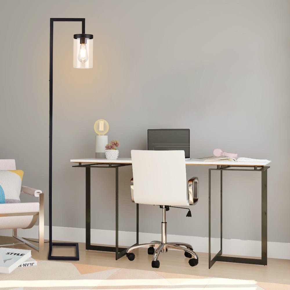 Modern Industrial Square Base Floor Lamp - Rustic Farmhouse Metal Standing Light with Hanging Glass Shade, Tall Pole Reading Lamp for Living Room, Bedroom & Office (Bulb Included) | Perfect for Cozy Reading Nooks, Home Office Lighting & Living Room Ambience