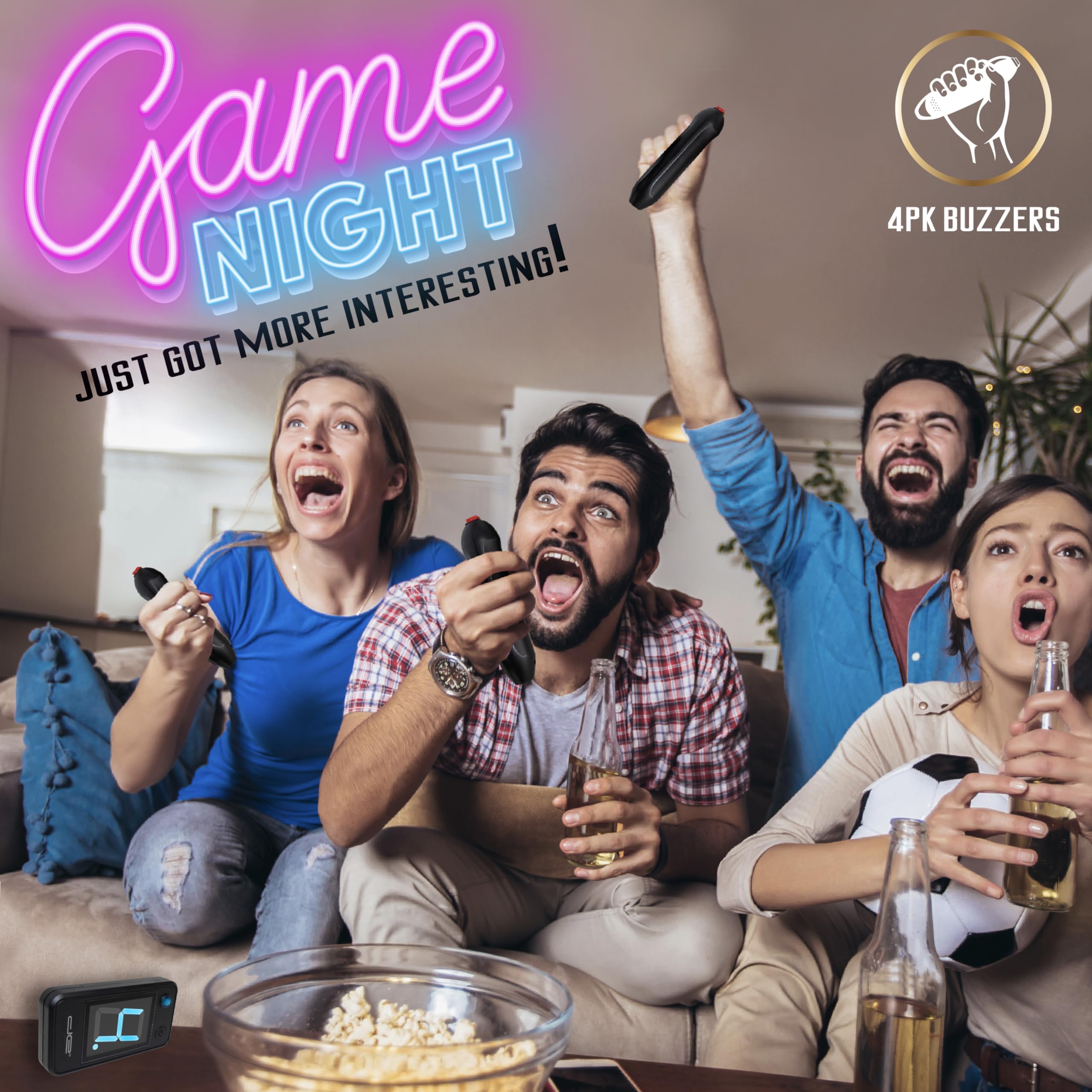 Digital Energy Wireless Handheld Game Buzzer System with 4 Joystick Buzzers - First Buzz-in Display for Trivia, Quiz & Party Games - Perfect for Jeopardy, Family Feud, Game Nights & Classroom Activities