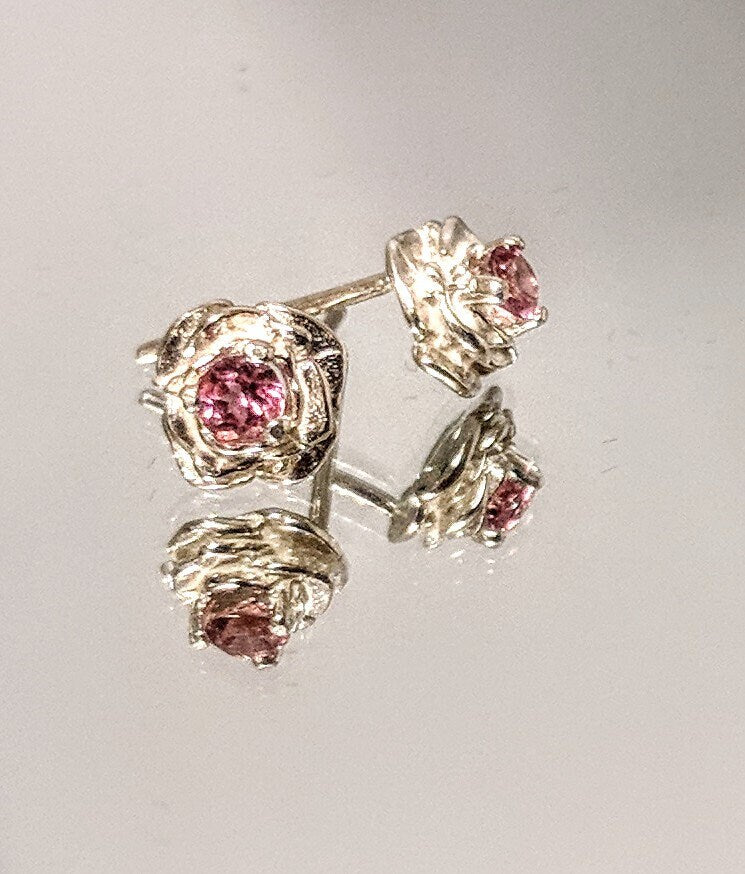 Genuine Solid Sterling Silver Rose Stud Earrings with Natural Sapphire, Ruby, Emerald Birthstones | Petite Jewelry for Women | Perfect Gift for Birthday, Anniversary & Special Occasions