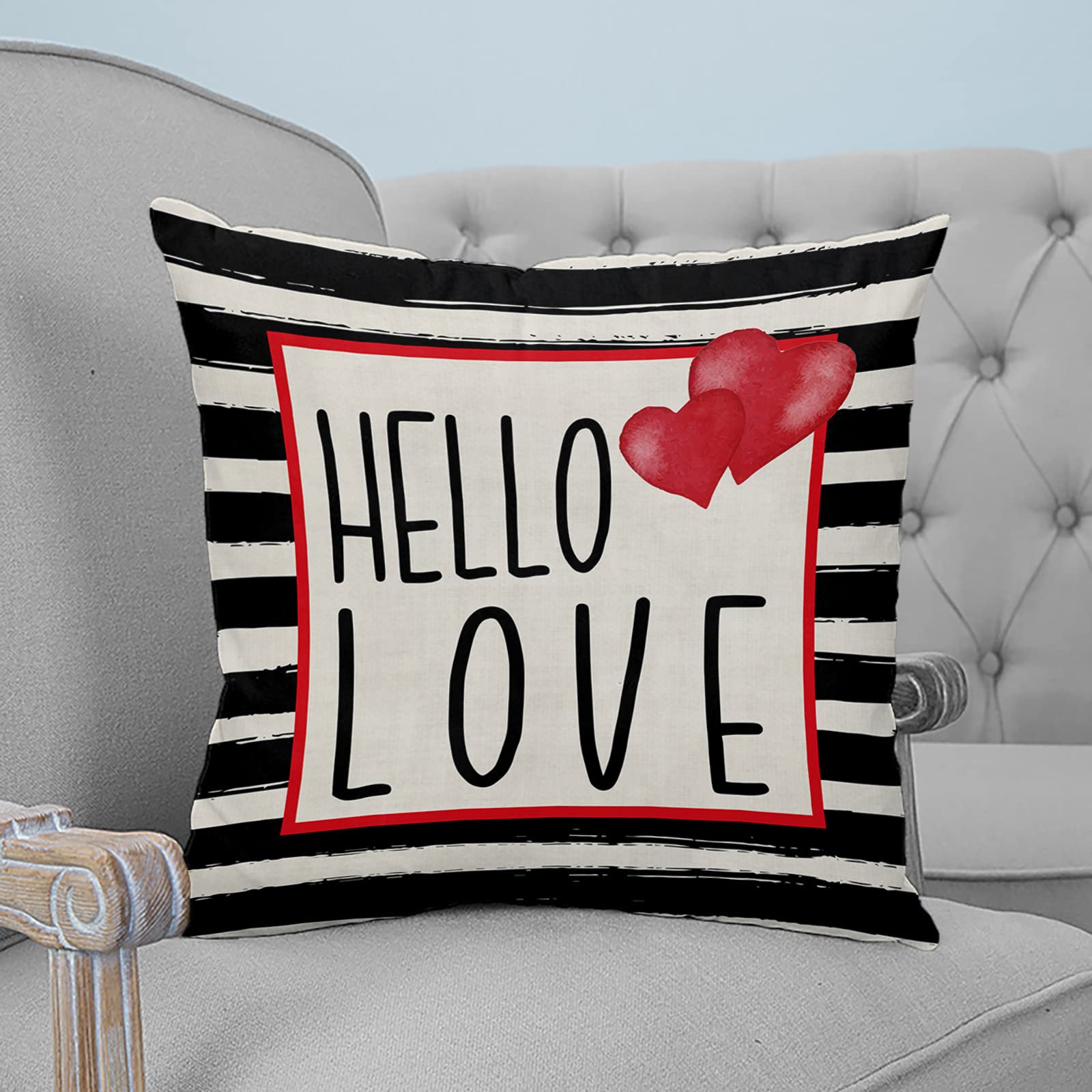 Valentine's Day Throw Pillow Covers 18x18 Inches - Decorative Cushion Covers for Sofa, Couch & Chair - Hello Love Black Stripes Design - Perfect for Home Decor, Romantic Gifts & Cozy Living Room Accents