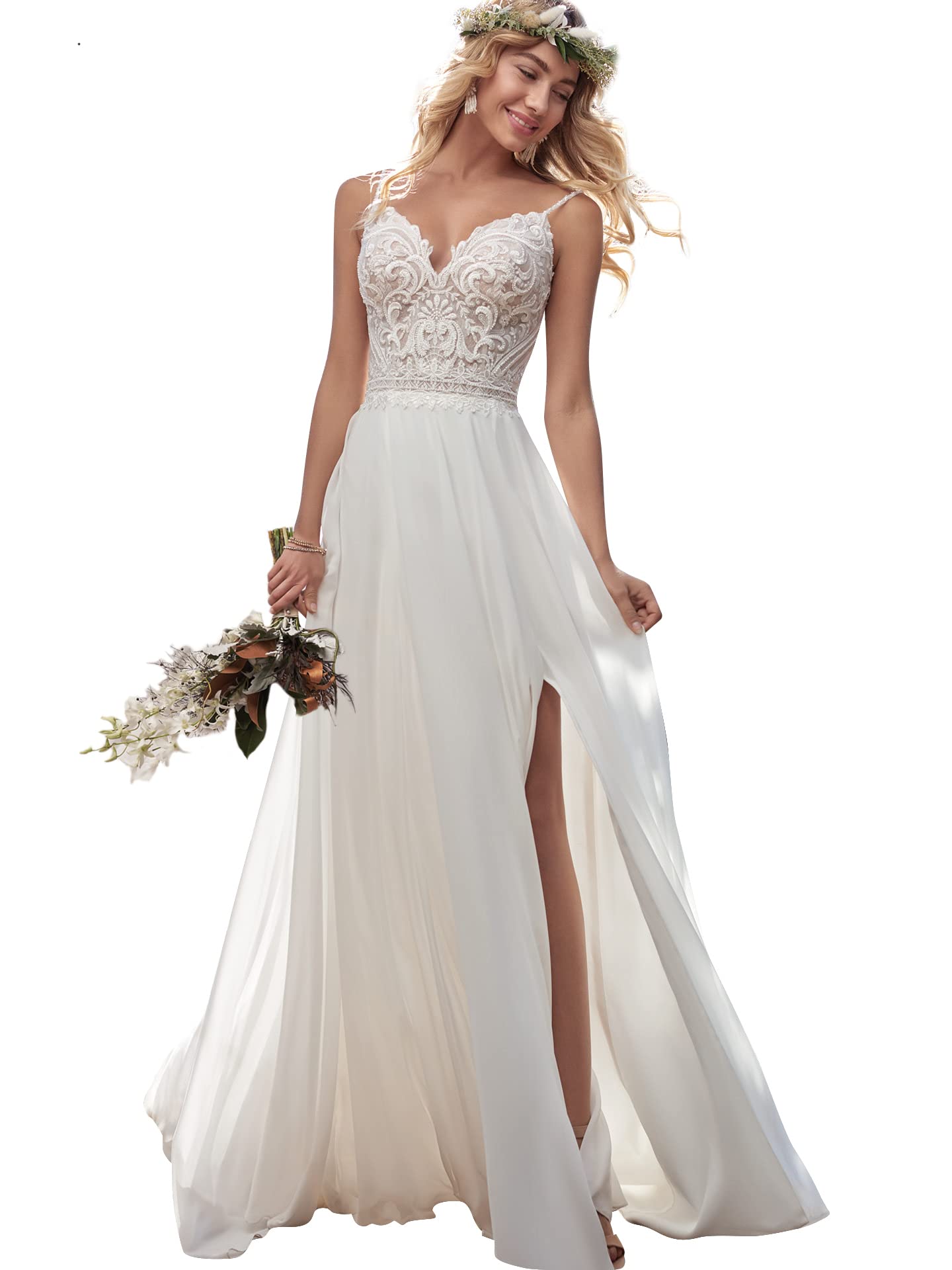 Elegant Boho Beach Wedding Dress for Women - Spaghetti Straps Lace A-Line Bridal Gown with Train | Perfect for Destination Weddings, Beach Ceremonies & Romantic Photoshoots
