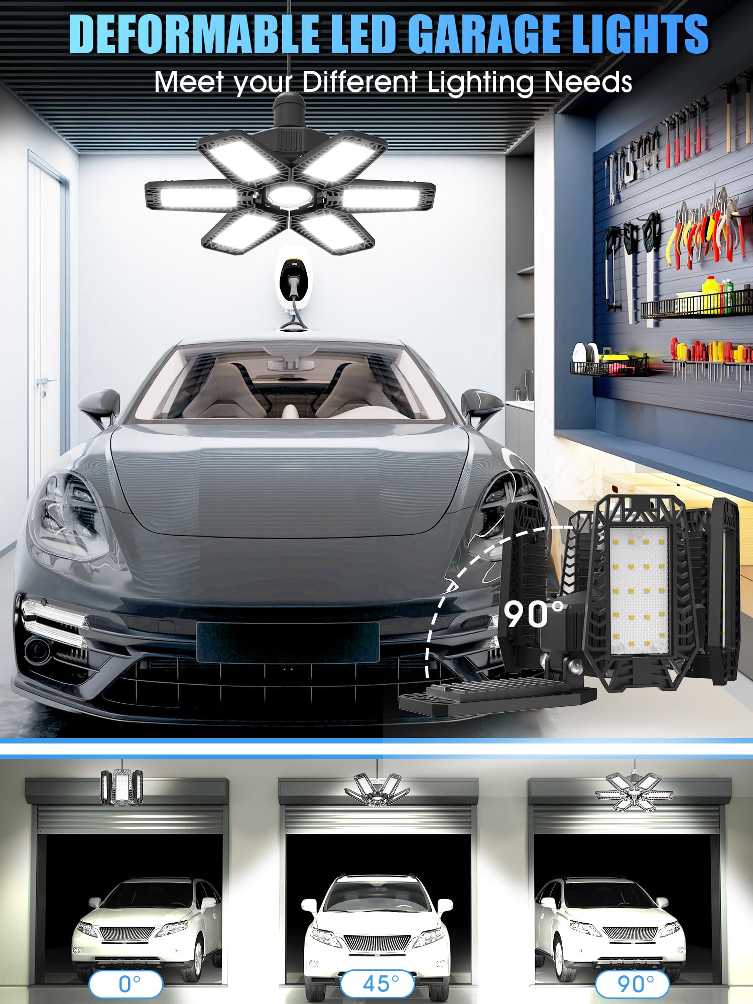 6 Pack LED Garage Lights - 180W 18000LM Deformable Panel Ceiling Lighting, 6500K Daylight White Shop Lights with E26/E27 Socket - Perfect for Workshop, Barn, Basement, Gym & Warehouse Lighting Solutions