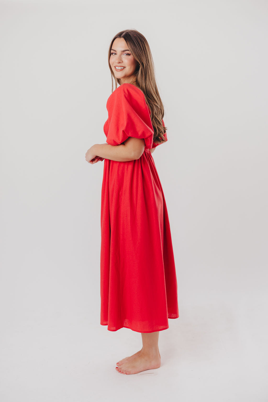 Hamilton Midi Dress in Red - Bump Friendly Maternity Dress (S-XL) | Flowy Summer Dress for Pregnancy, Baby Shower & Special Occasions