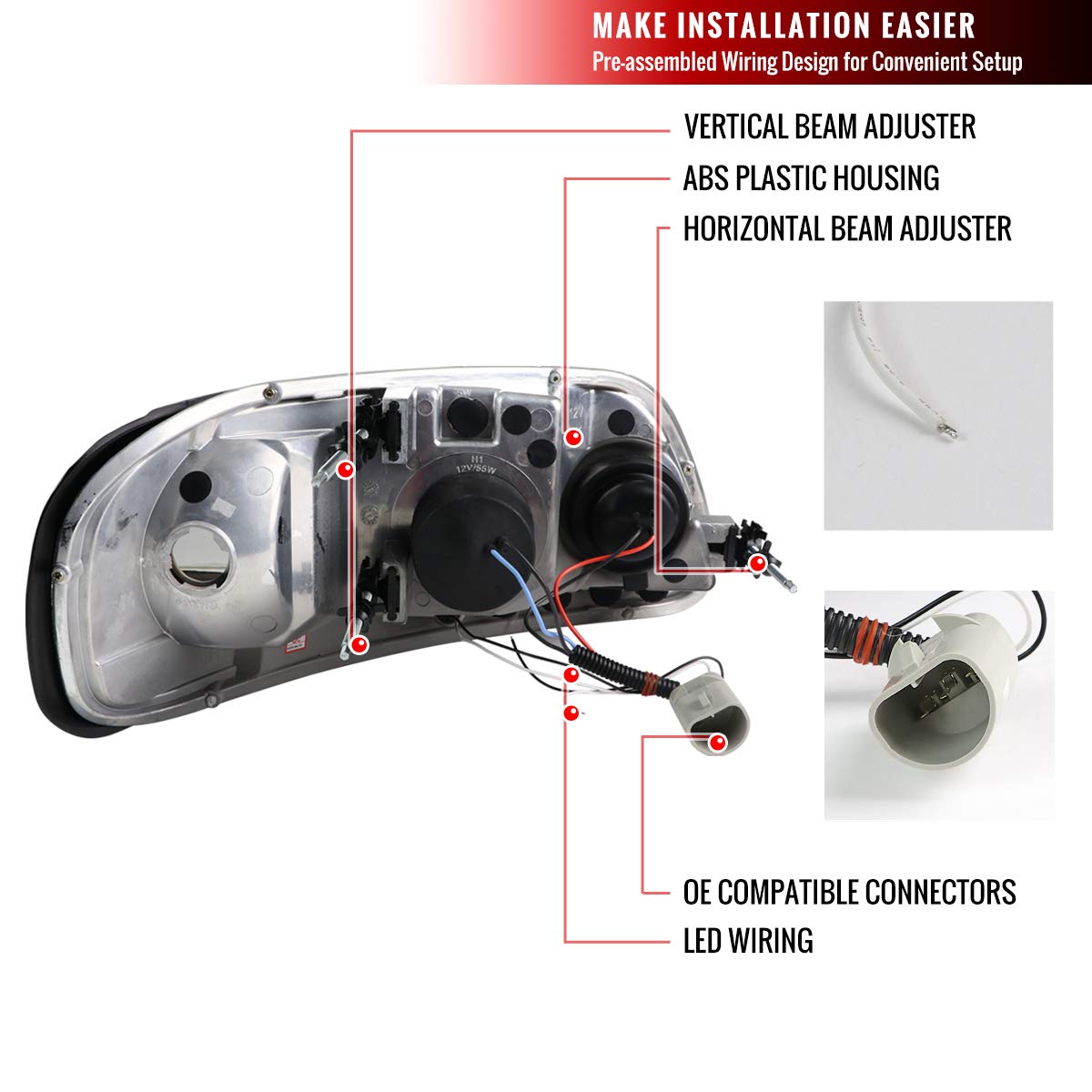 97-03 Glossy Black Smoke Lens LED Tube Strip Light Bar Projector Headlights - High Performance Car Headlamps for Enhanced Night Driving Visibility