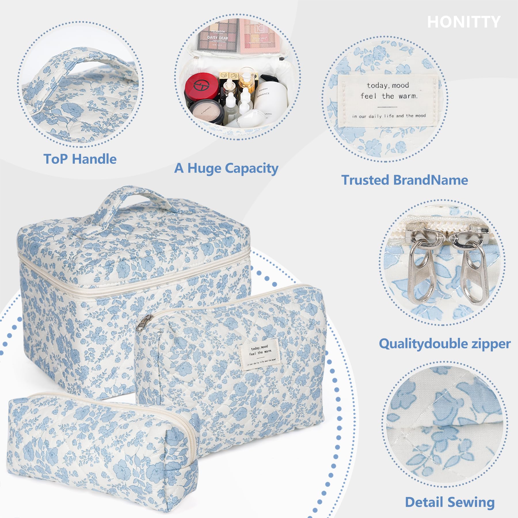 Floral Quilted Makeup Bag for Women - Travel Toiletry Organizer