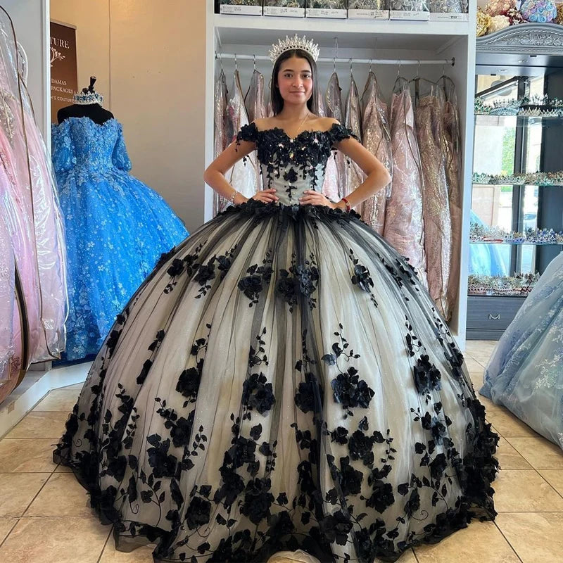 2025 Elegant Black Quinceanera Dress with Crystal Beading & 3D Floral Appliques - Ball Gown for Sweet 15 Birthday Party, Prom, Formal Events & Special Occasions
