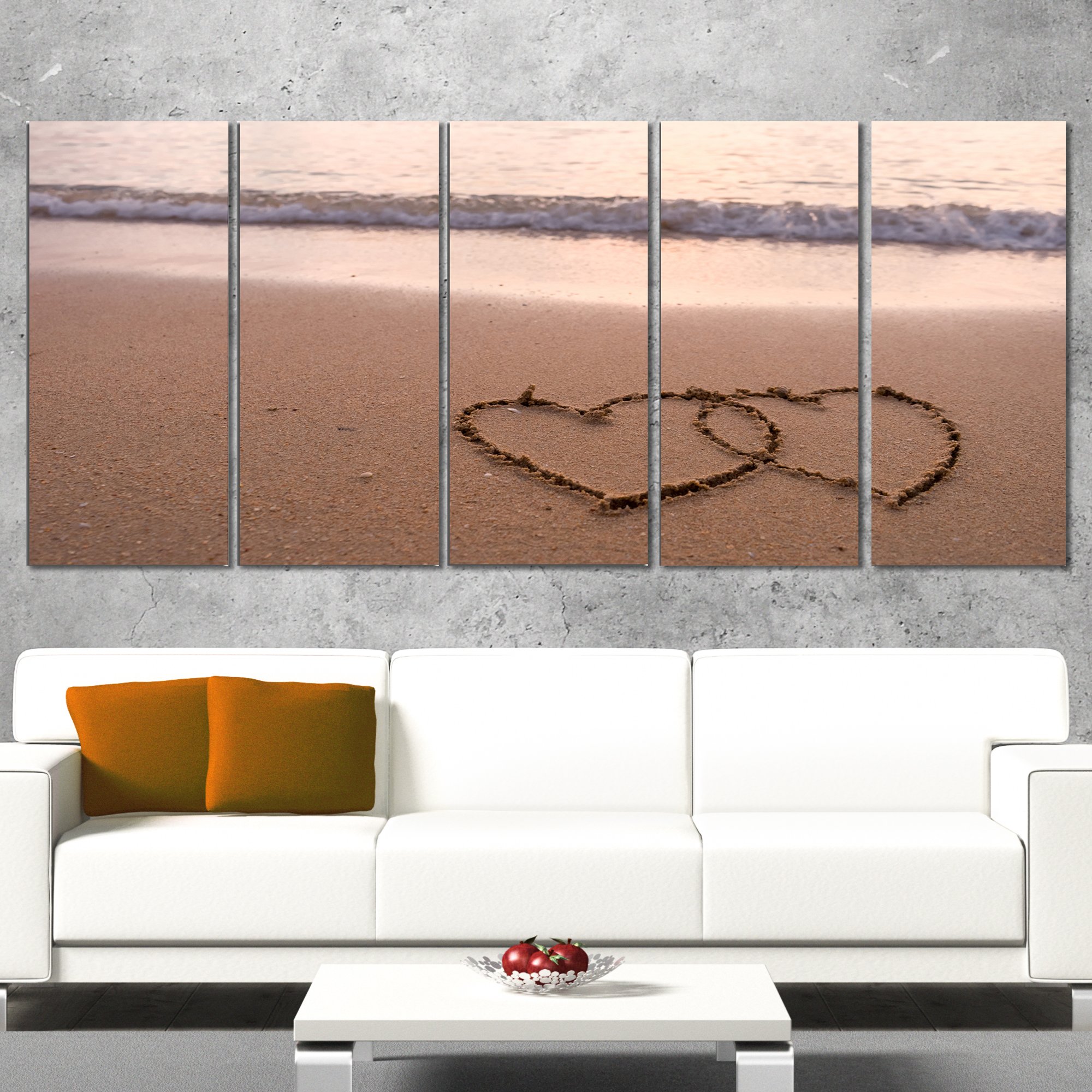 Extra Large Beach Seascape Canvas Art - Romantic Two Hearts Drawing on Sand - Perfect for Living Room, Bedroom & Coastal Home Decor
