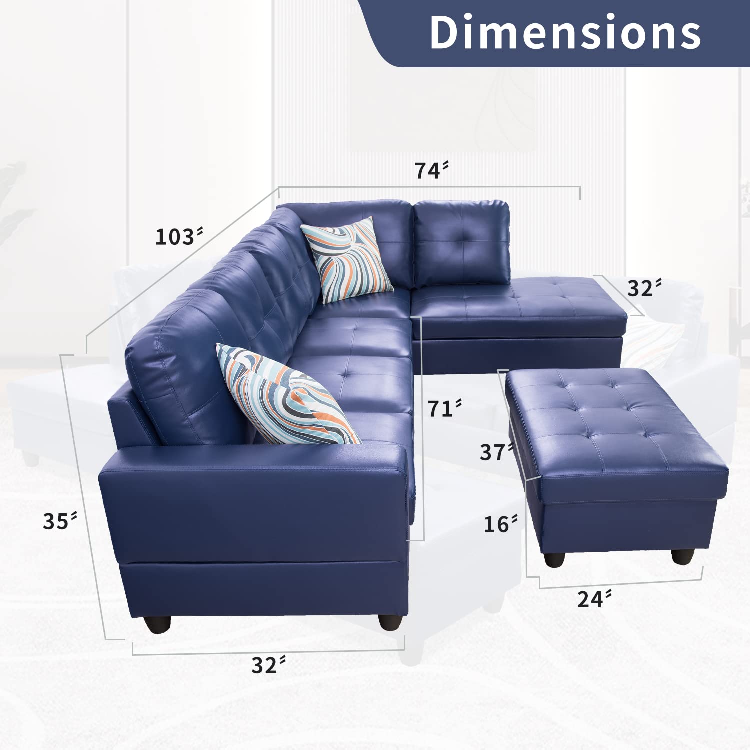 Modern L-Shaped Sectional Sofa Set for Living Room - Right Hand Facing Blue Multi-Piece Furniture | Home Decor, Lounge & Family Room Comfort | Ponliving Furniture Inc.