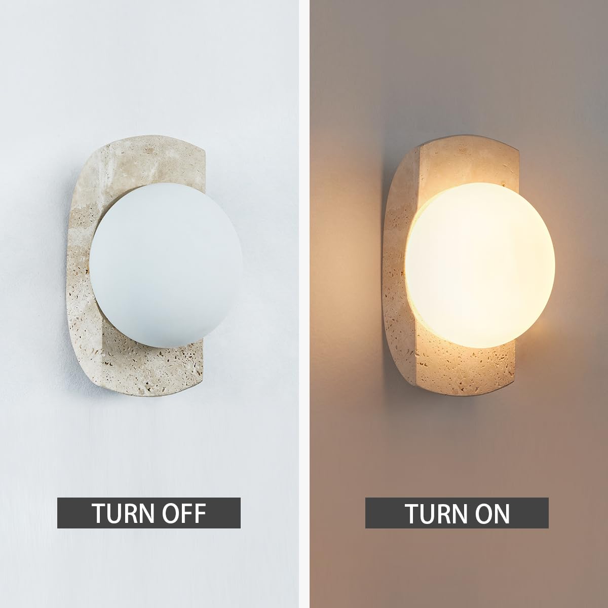 Handmade Travertine Wall Lamp - Organic Marble Wall Sconce with Milk Glass Shade, Natural Style Mounted Light for Entryway, Hallway, Bedroom & Living Room | Perfect for Modern Home Decor, Hotel Lighting and Cozy Ambiance