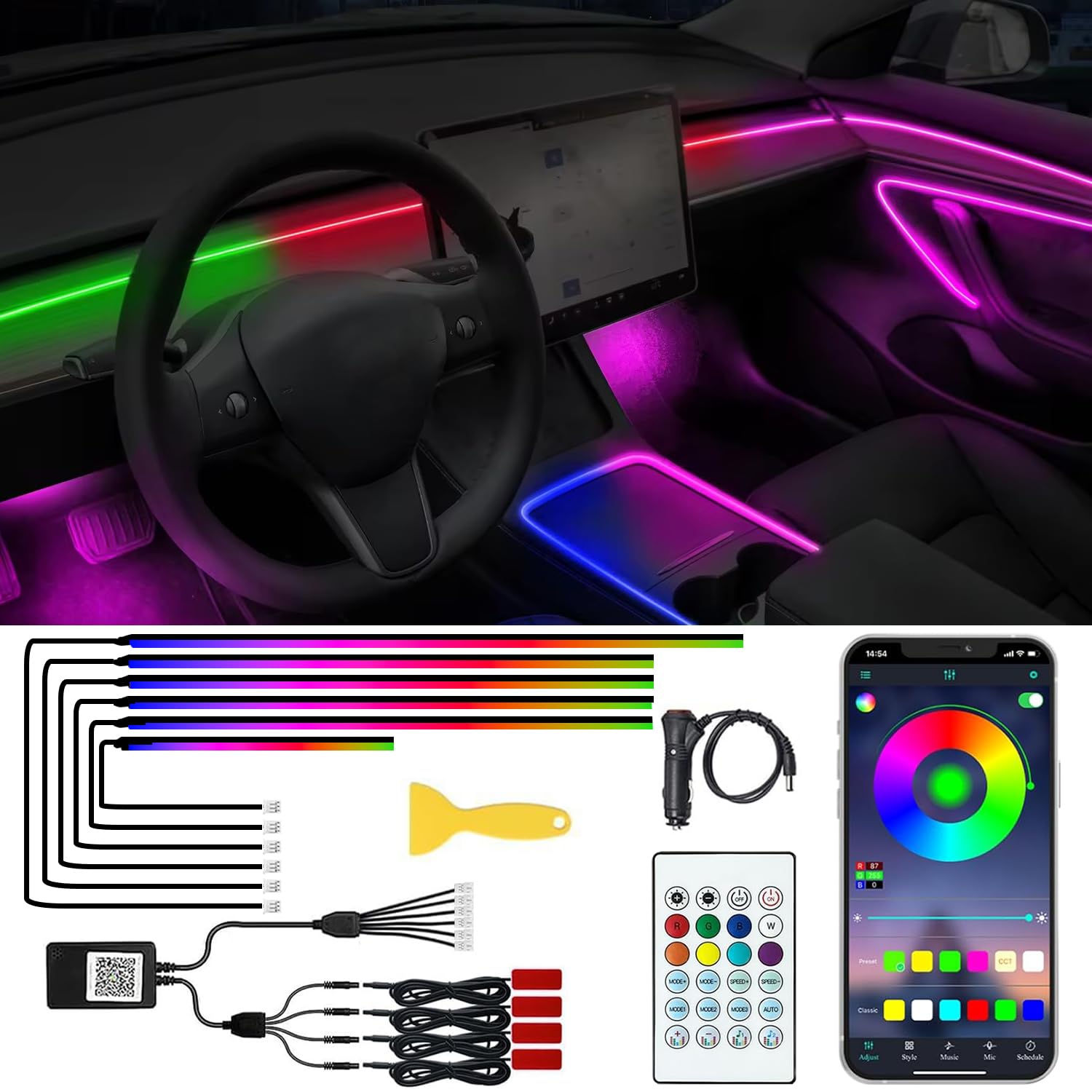 10-in-1 Acrylic Interior Car LED Lights Kit with Remote & Wireless App Control - 16 Million Color Ambient Lighting, Fiber Optic Strip LEDs with Music Sync & DIY Function | Perfect for Car Interior Decoration, Mood Lighting & Party Atmosphere