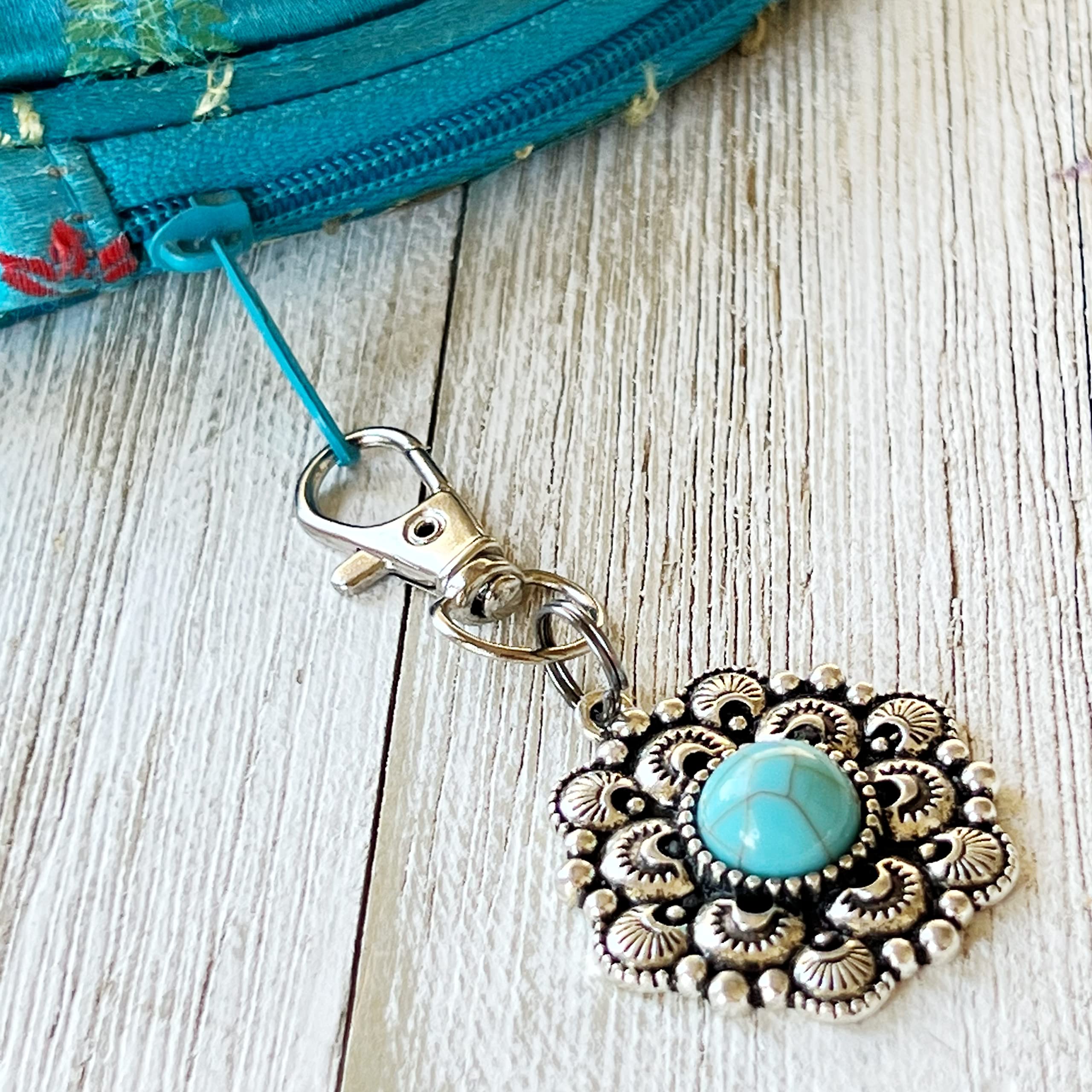 Silver Boho Western Medallion Turquoise Zipper Pull - Handmade Custom Zipper Charms for Backpacks, Purses & Camera Bags | Unique Keychain Accessories & Handbag Jewelry | Perfect for Boho Style, Western Fashion & Everyday Carry