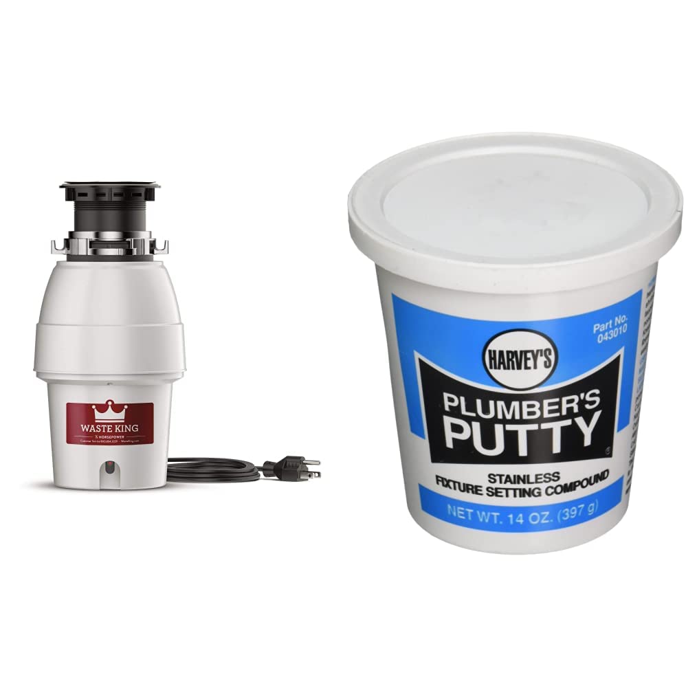 Waste King Legend Series 1/2 HP Continuous Feed Garbage Disposal with Power Cord (L-2600) & WM Harvey 043010 Professional Grade Plumber's Putty, 14 oz, Off-White - Perfect for Kitchen Sink Installation and Plumbing Repairs