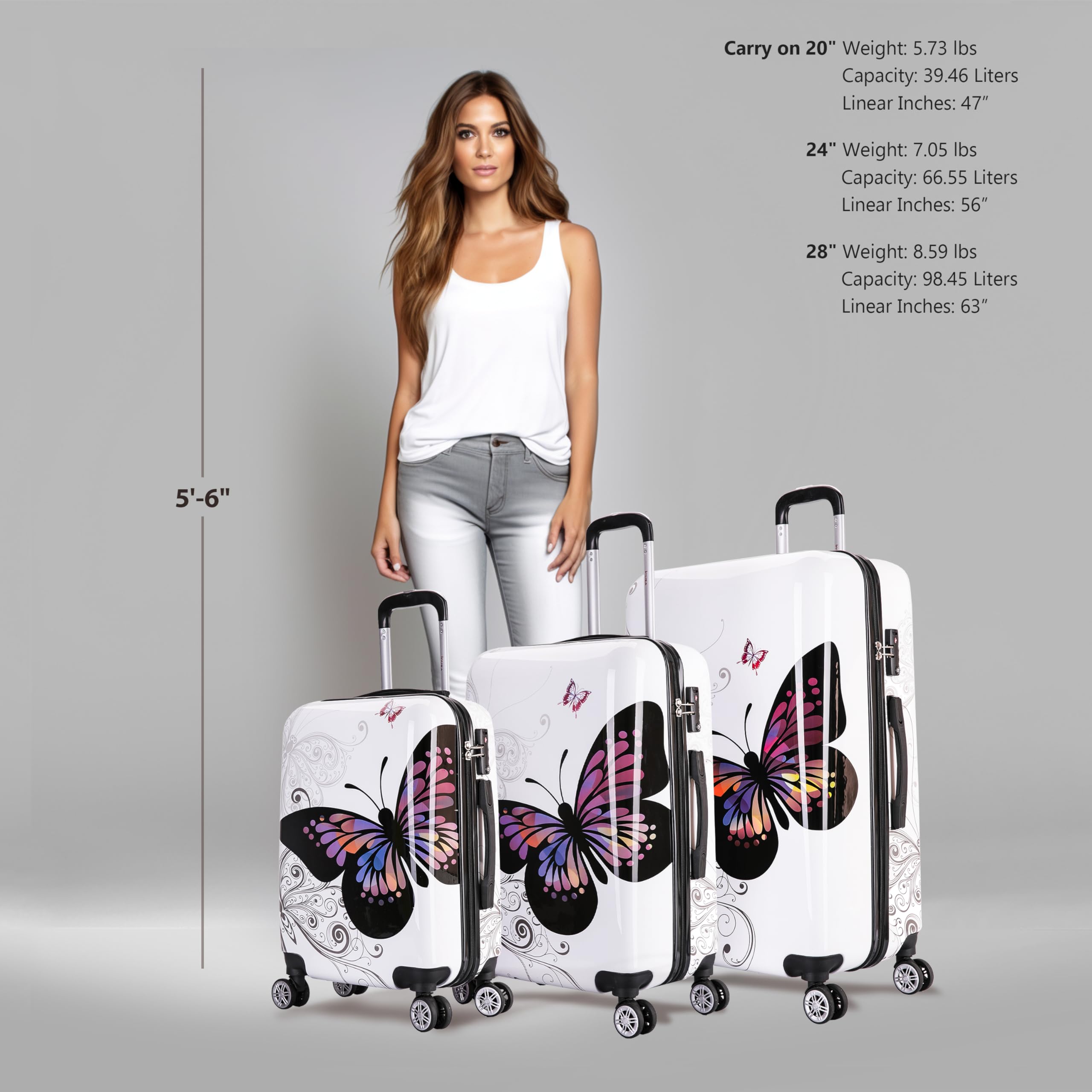 InUSA Butterfly Print Luggage Set with 360° Spinner Wheels - 3-Piece Durable Lightweight Hardside Suitcase (20in, 24in, 28in) for Women Travel | Carry-On & Checked Bag for Airplane, Vacation & Business Trips