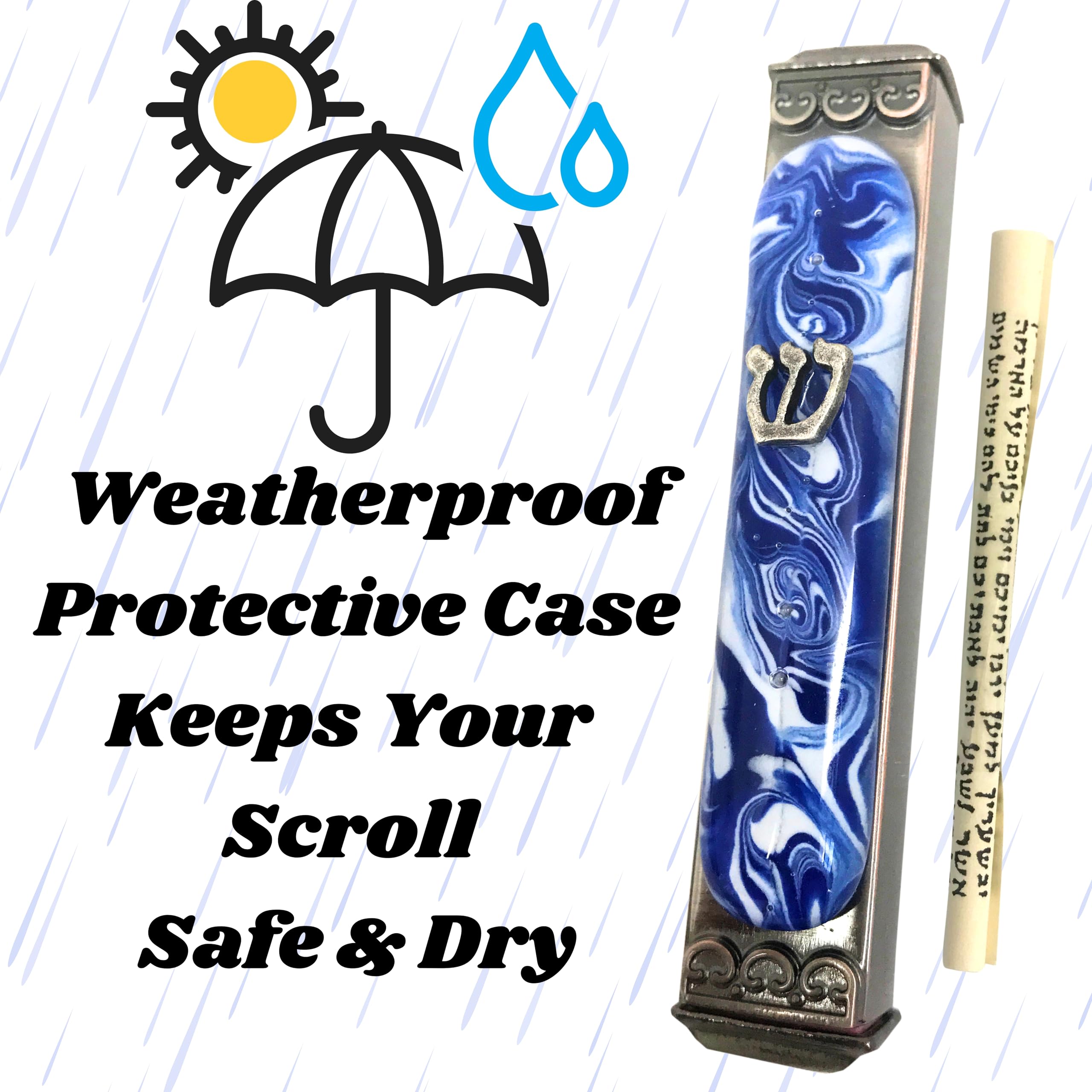 Handmade Tamara Baskin Art Glass Mezuzah - Marbled Blue White | Weatherproof Indoor/Outdoor Use | USA Made
